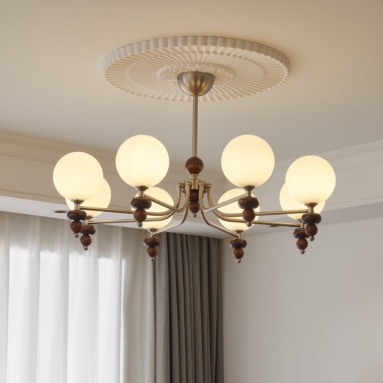 Cemarus Traditional Sphere Walnut Wood Glass Chandelier