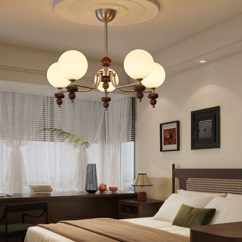 Cemarus Traditional Sphere Walnut Wood Glass Chandelier
