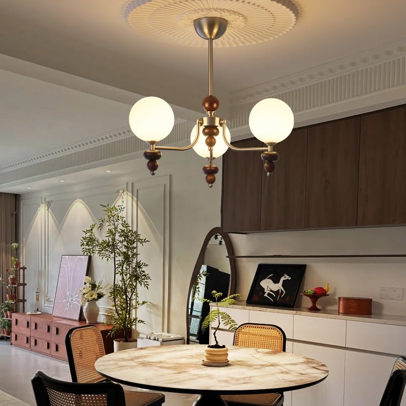 Cemarus Traditional Sphere Walnut Wood Glass Chandelier
