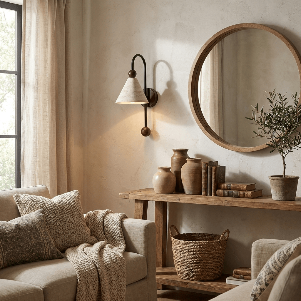 Cone Travertine Arc Wall Sconce Walnut-wood
