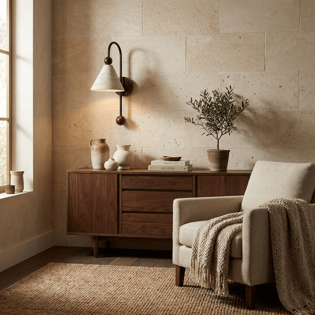 Cone Travertine Arc Wall Sconce Walnut-wood