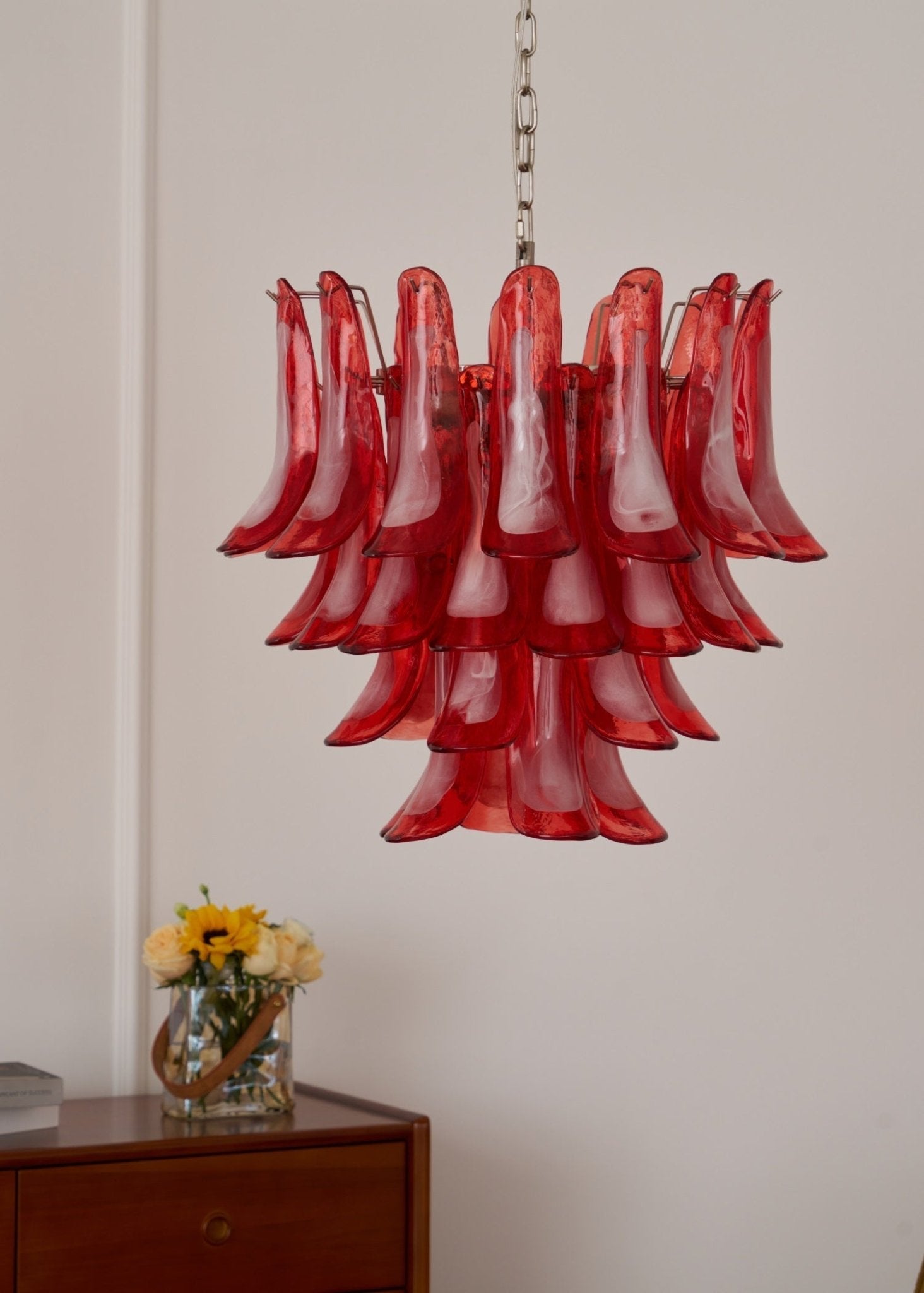 Celoelle Chandelier Crimson Murano Glass Petals Layered Vintage