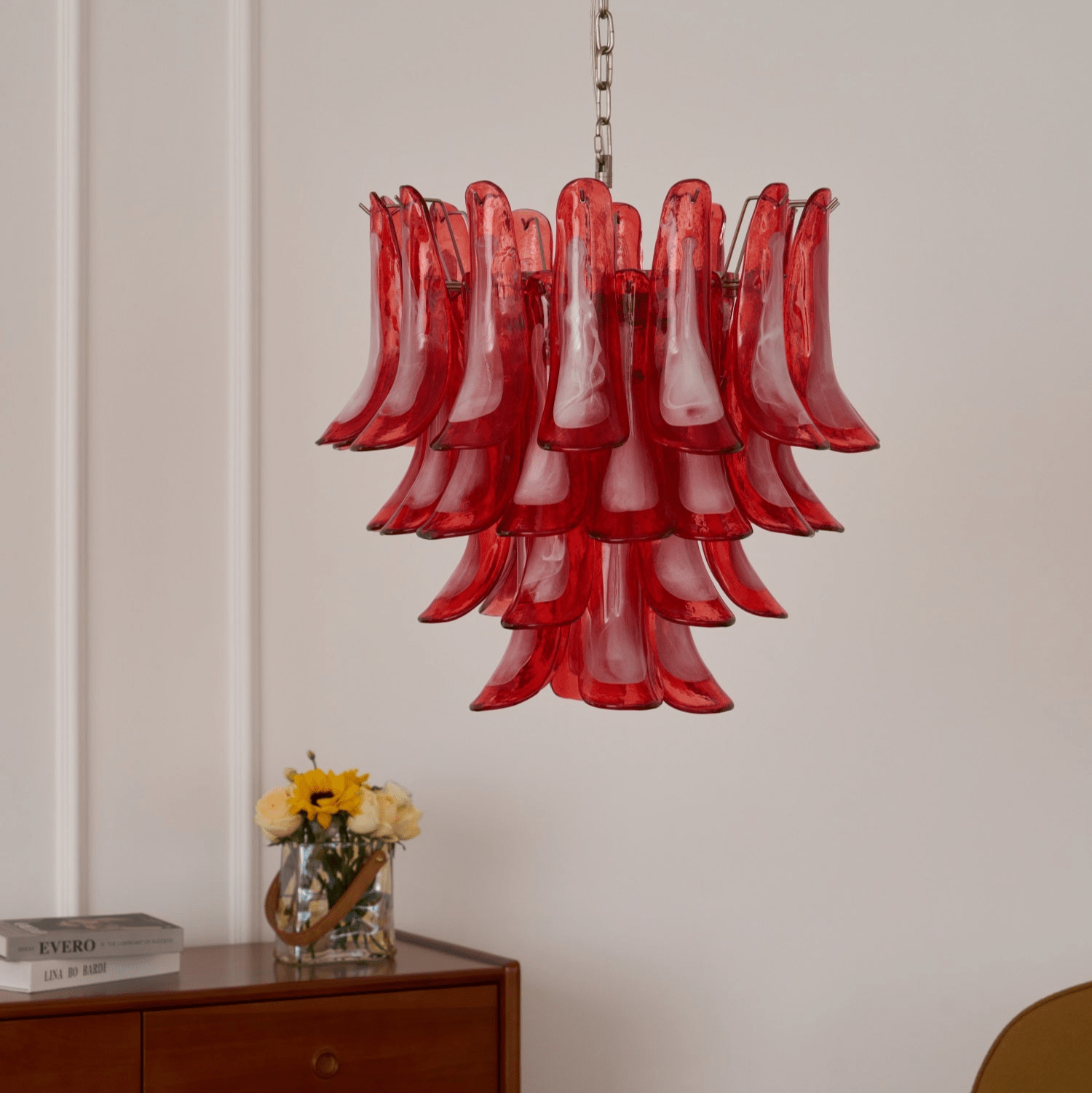 Celoelle Chandelier Crimson Murano Glass Petals Layered Vintage