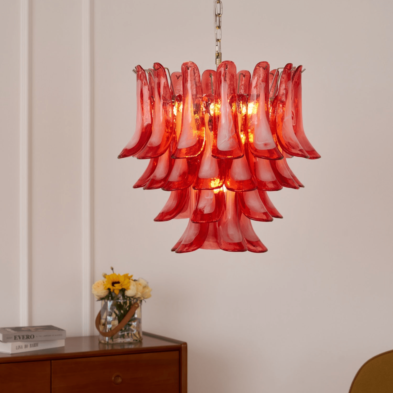 Celoelle Chandelier Crimson Murano Glass Petals Layered Vintage