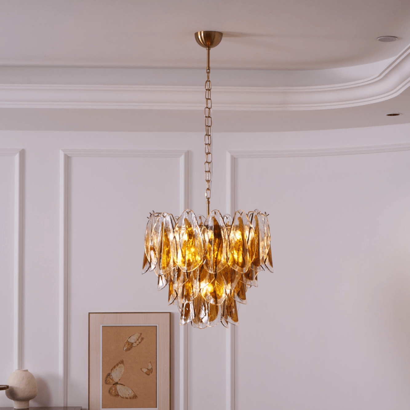 Lioraora Chandelier Amber Leaf Glass Layered Organic Warmth