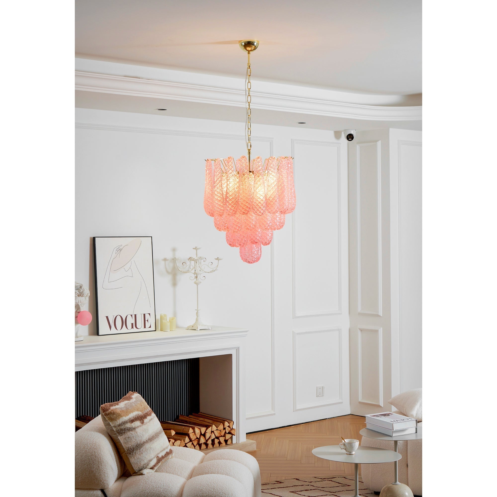 Veliena Chandelier Pink Droplet Murano Glass Diamond Pattern Waterfall