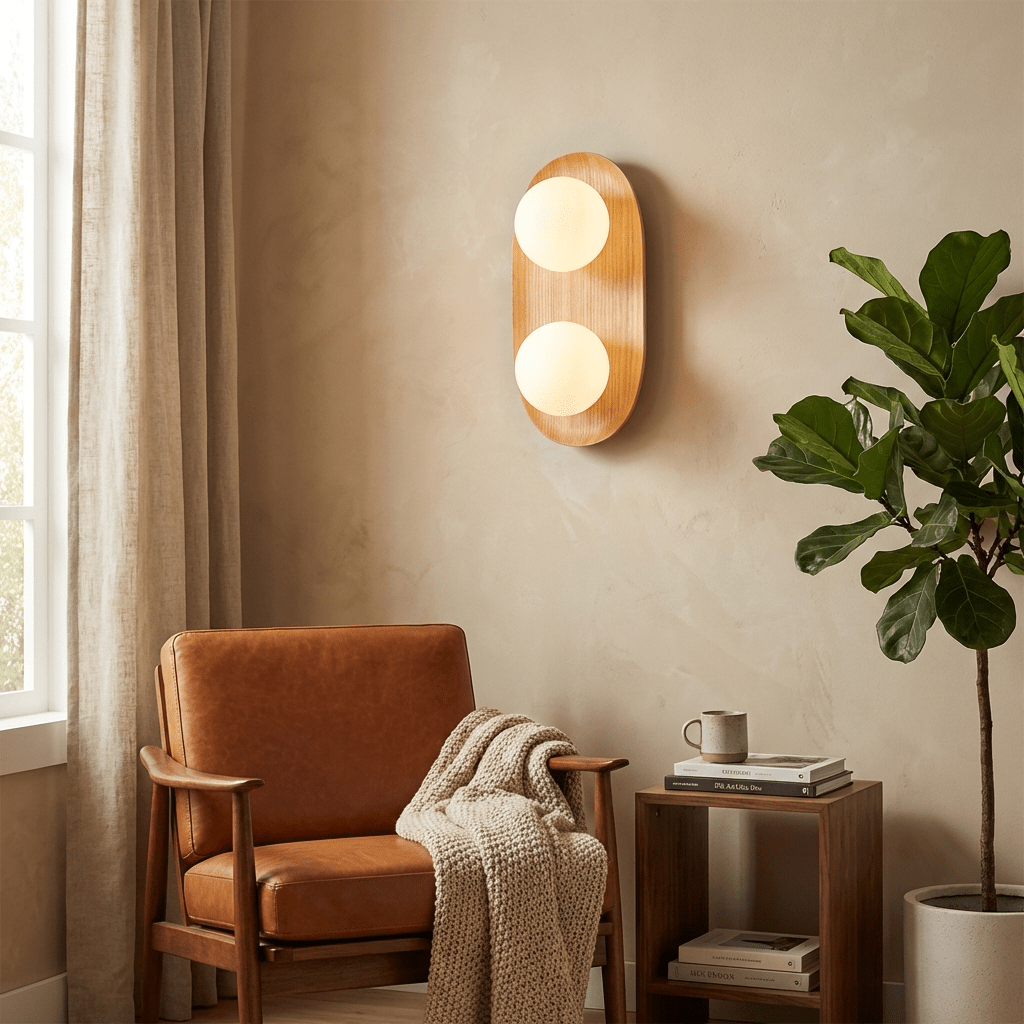 Twin Orb Oak Wall Light