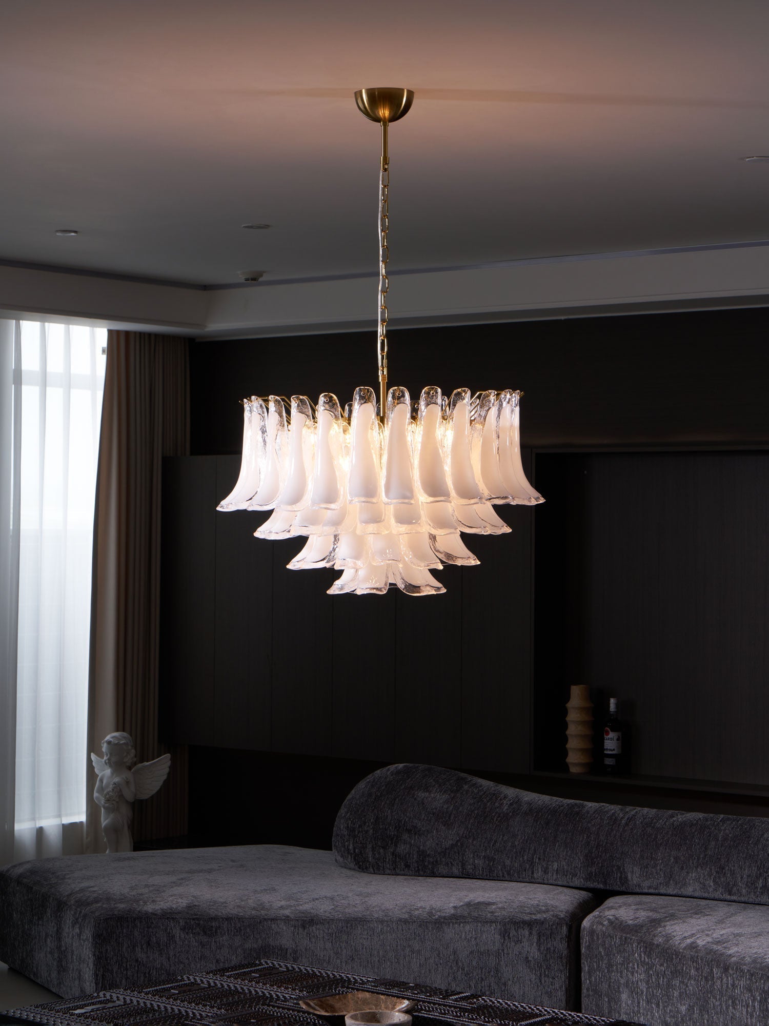 Lioroaria Chandelier Pink Glass Leaf Layered Floral Glamour