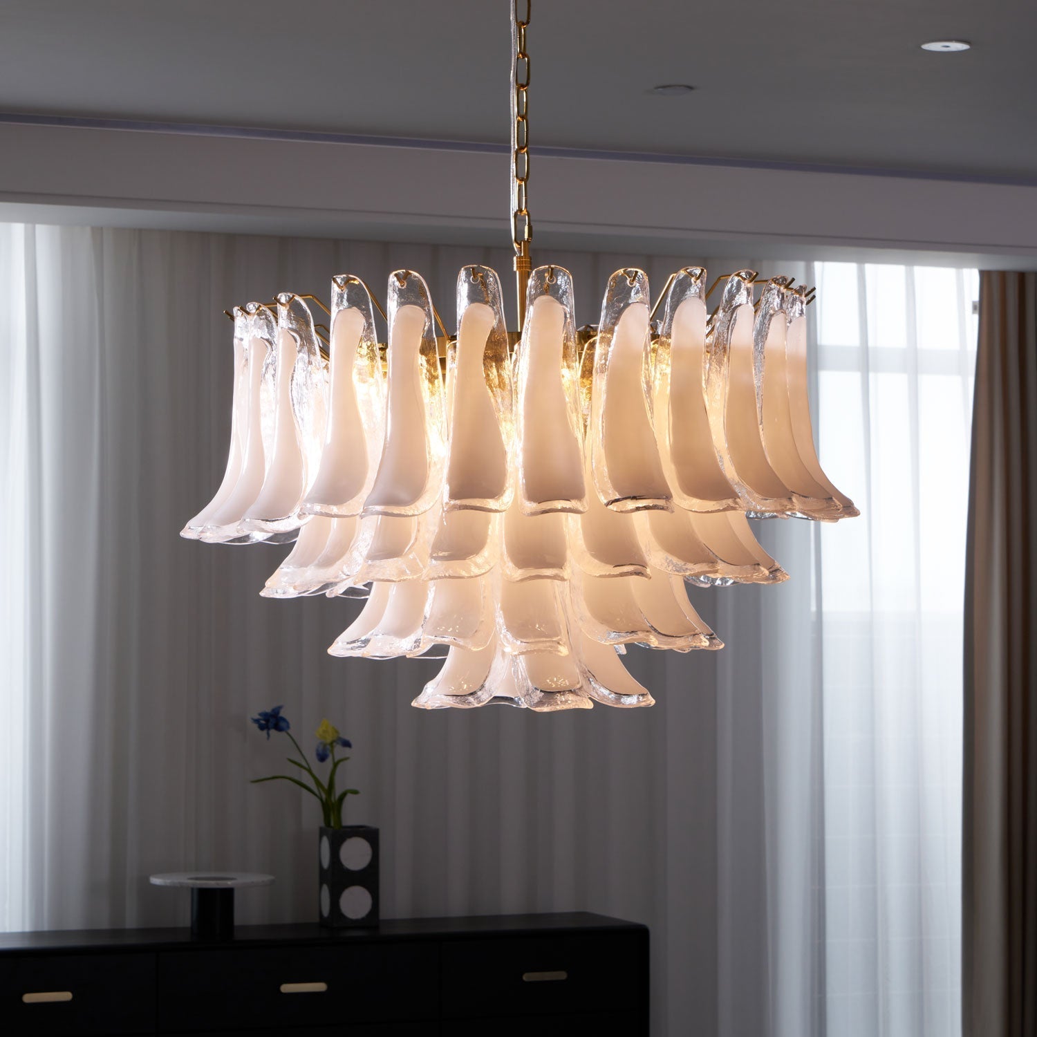 Lioroaria Chandelier Pink Glass Leaf Layered Floral Glamour