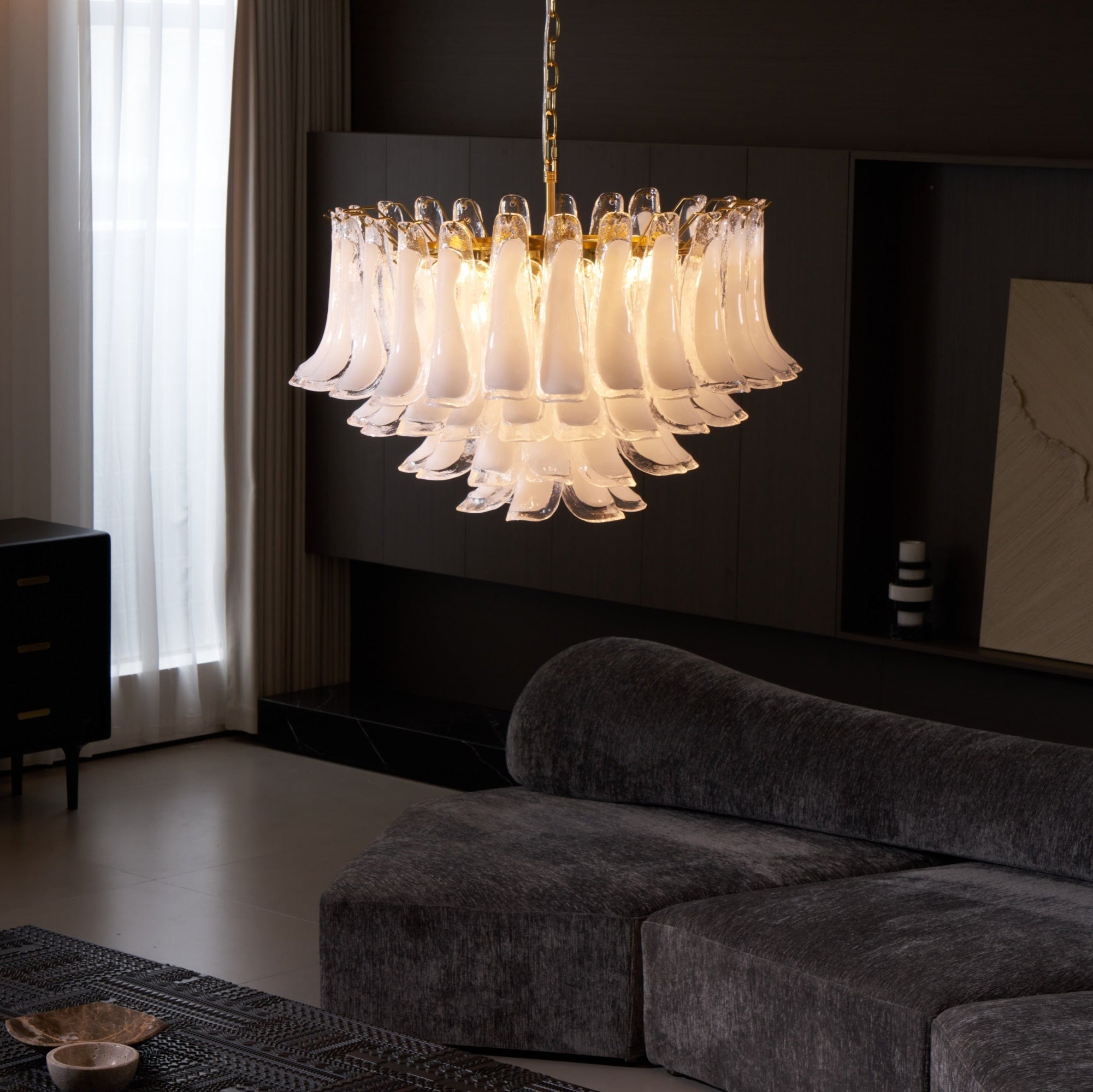 Lioroaria Chandelier Pink Glass Leaf Layered Floral Glamour