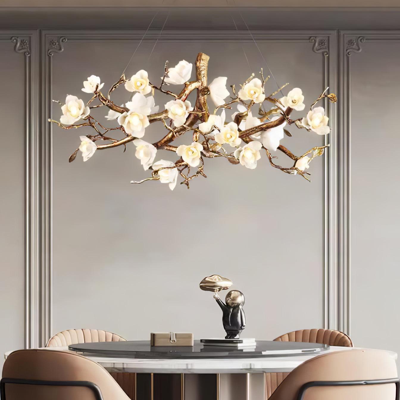 Tominex Postmodern Luxury Flower Bloom Branch Brass Ceramic Chandelier