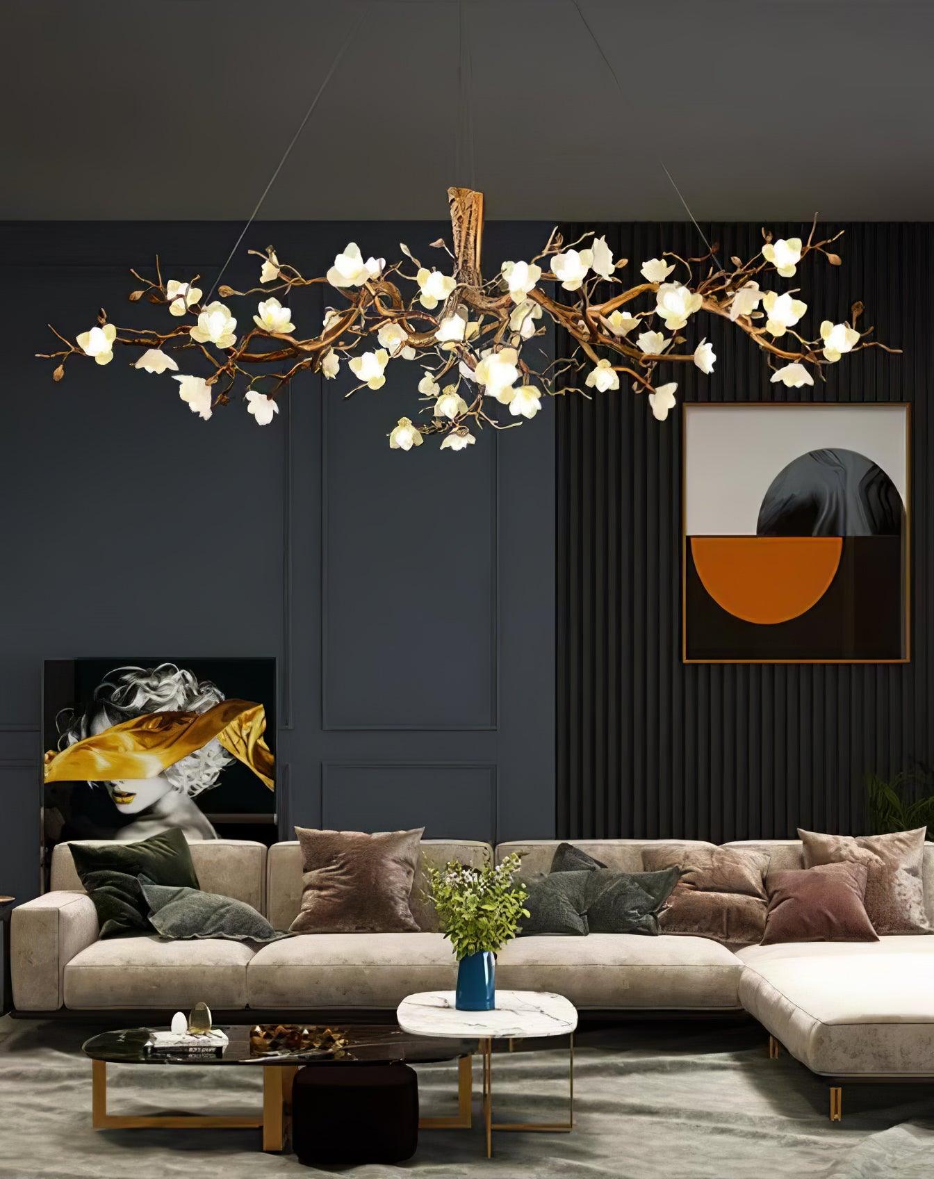 Tominex Postmodern Luxury Flower Bloom Branch Brass Ceramic Chandelier