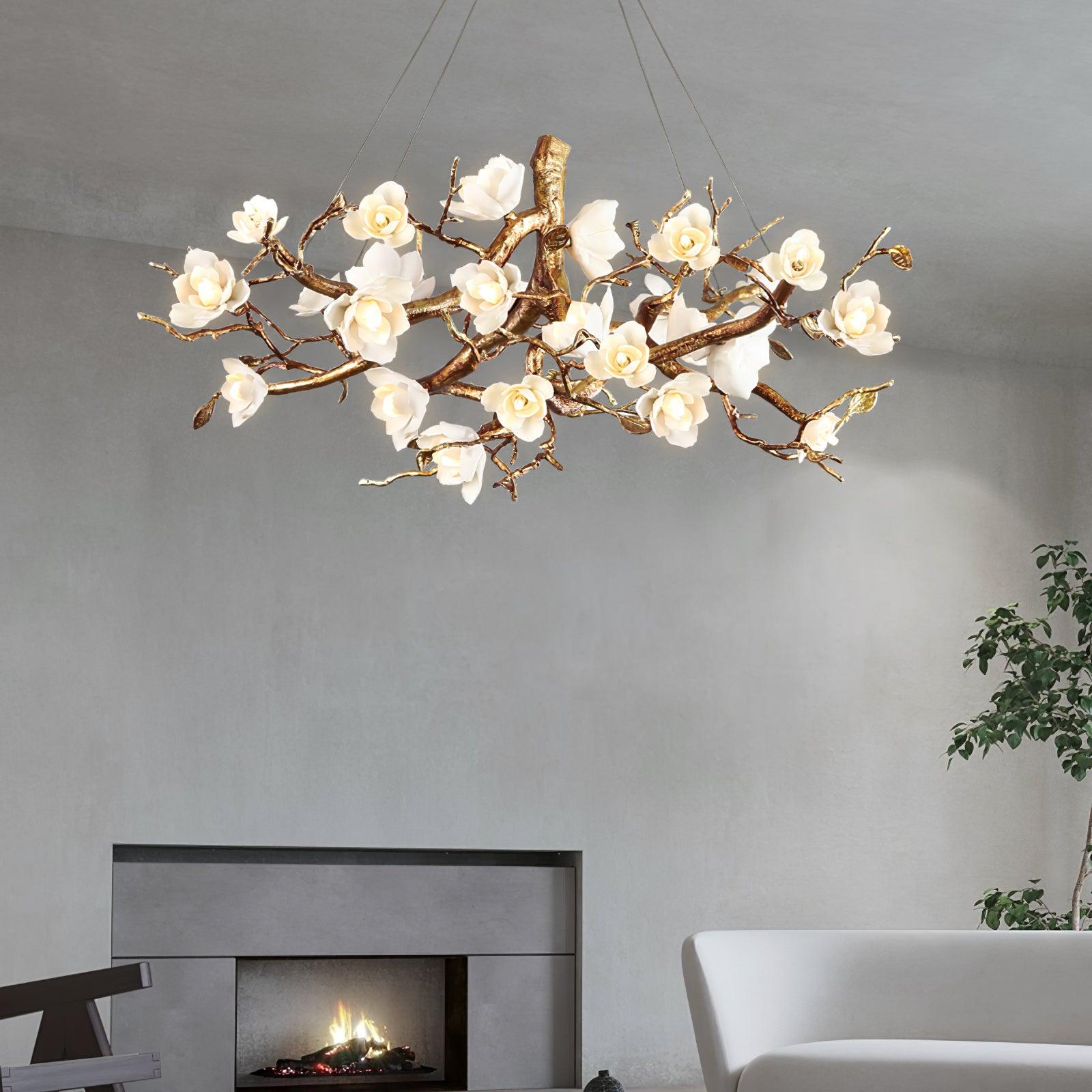 Tominex Postmodern Luxury Flower Bloom Branch Brass Ceramic Chandelier