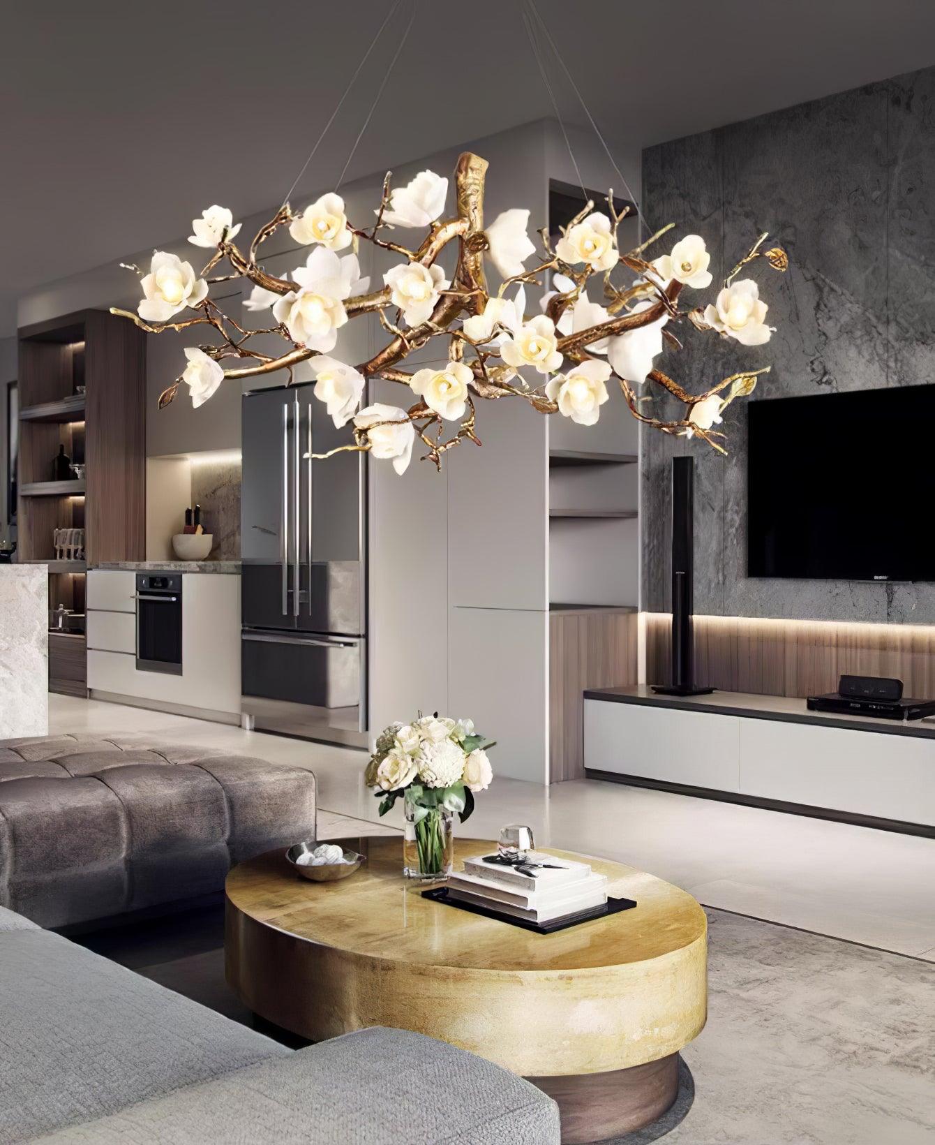 Tominex Postmodern Luxury Flower Bloom Branch Brass Ceramic Chandelier