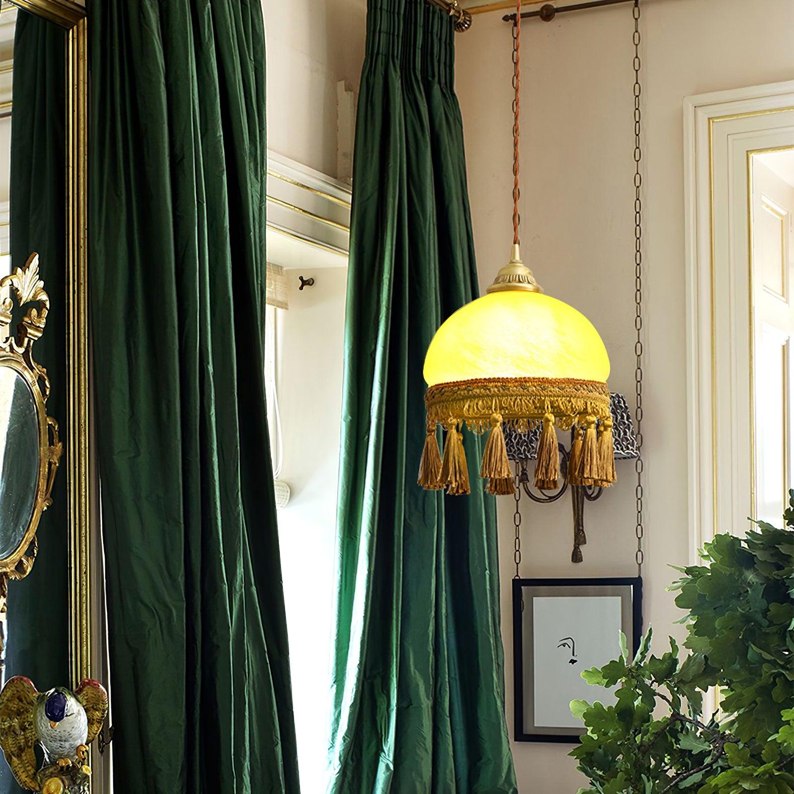 Sycaran French Tassels Swag Brass Glass Fabric Pendant Light