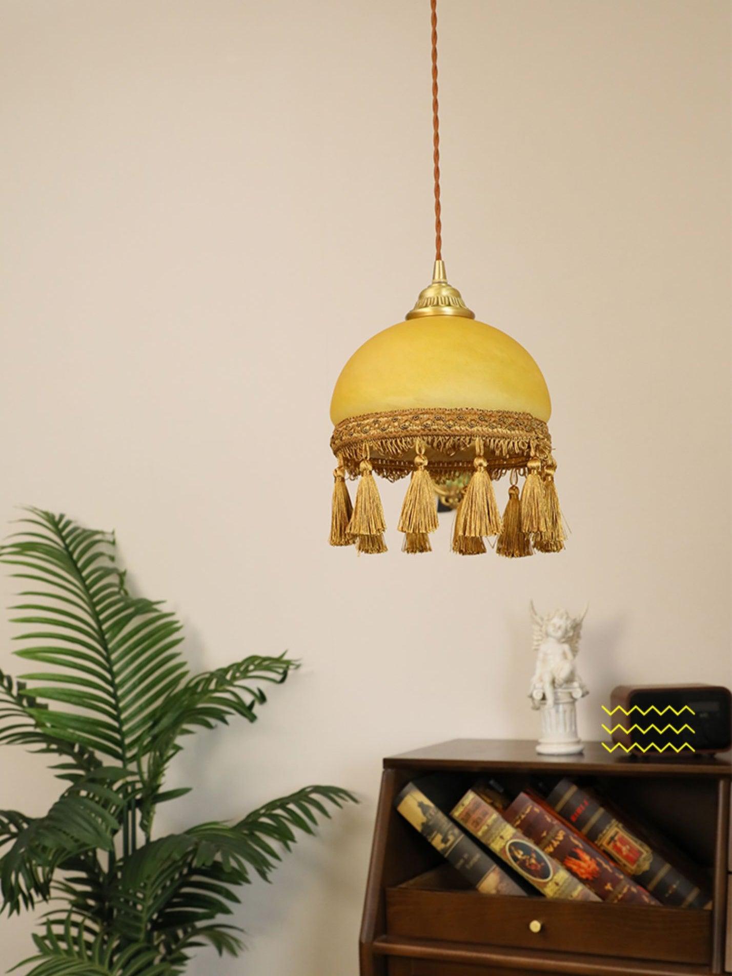 Sycaran French Tassels Swag Brass Glass Fabric Pendant Light
