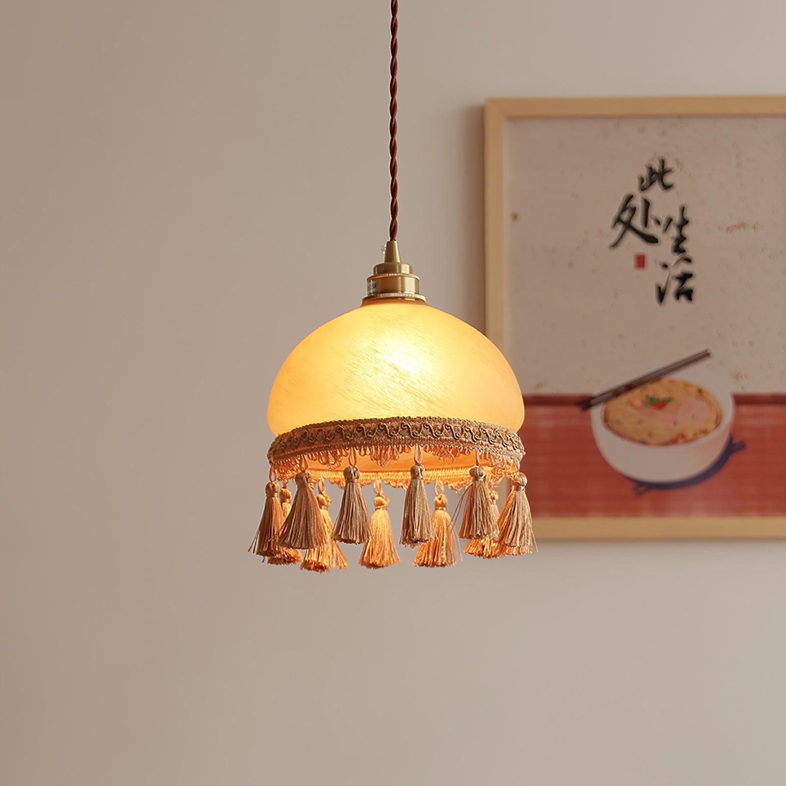 Sycaran French Tassels Swag Brass Glass Fabric Pendant Light