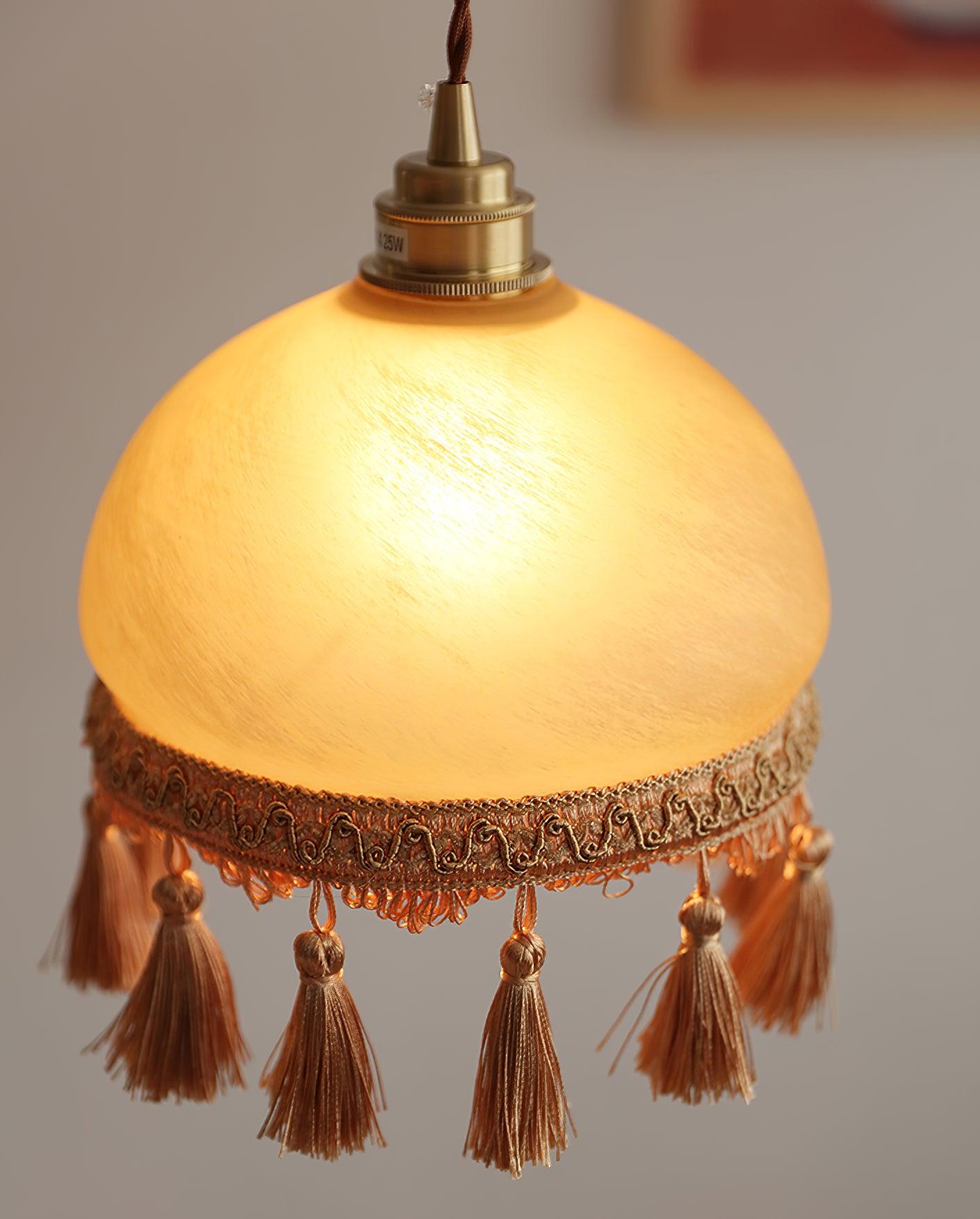 Sycaran French Tassels Swag Brass Glass Fabric Pendant Light
