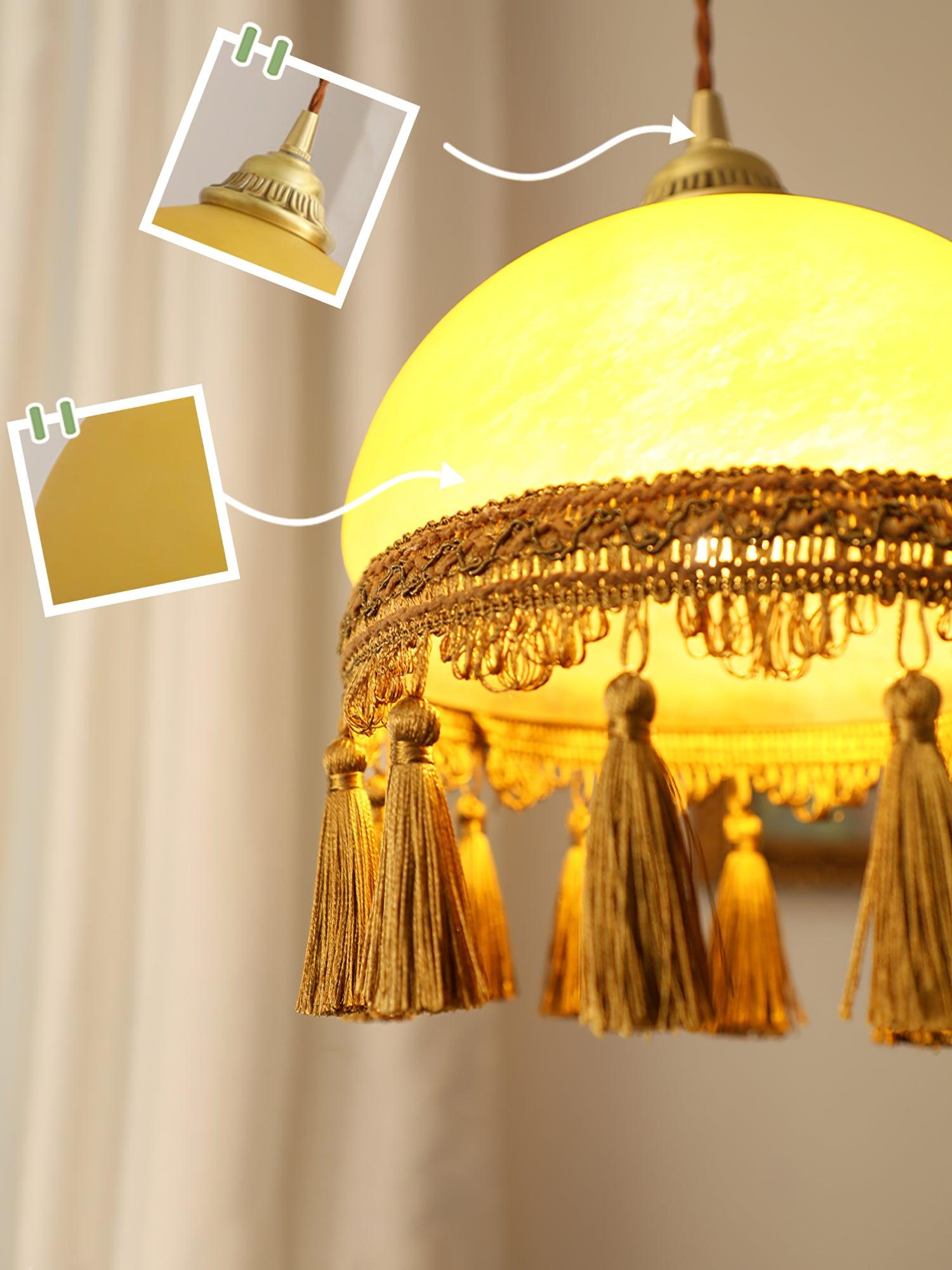 Sycaran French Tassels Swag Brass Glass Fabric Pendant Light