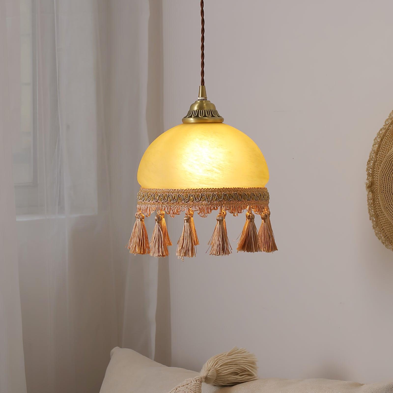 Sycaran French Tassels Swag Brass Glass Fabric Pendant Light