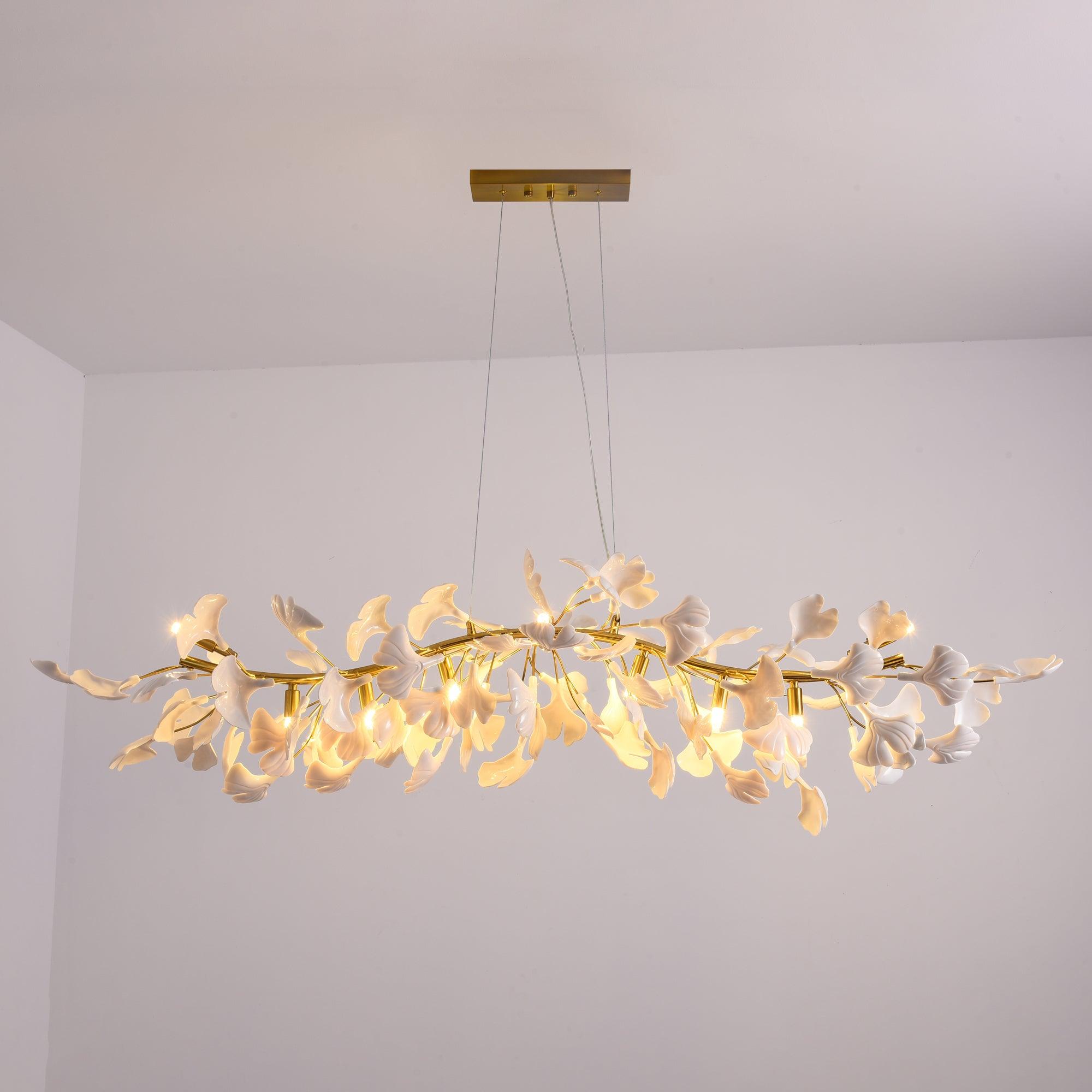 Dylo Chandelier Brass Linear Ginkgo Ceramic Petal Branch