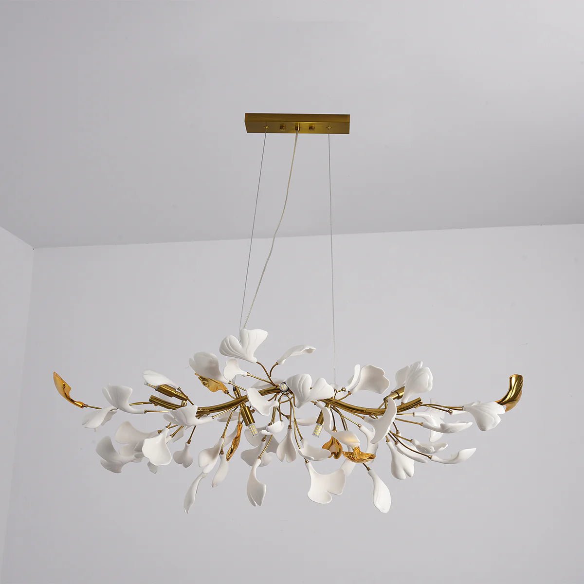 Dylo Chandelier Brass Linear Ginkgo Ceramic Petal Branch