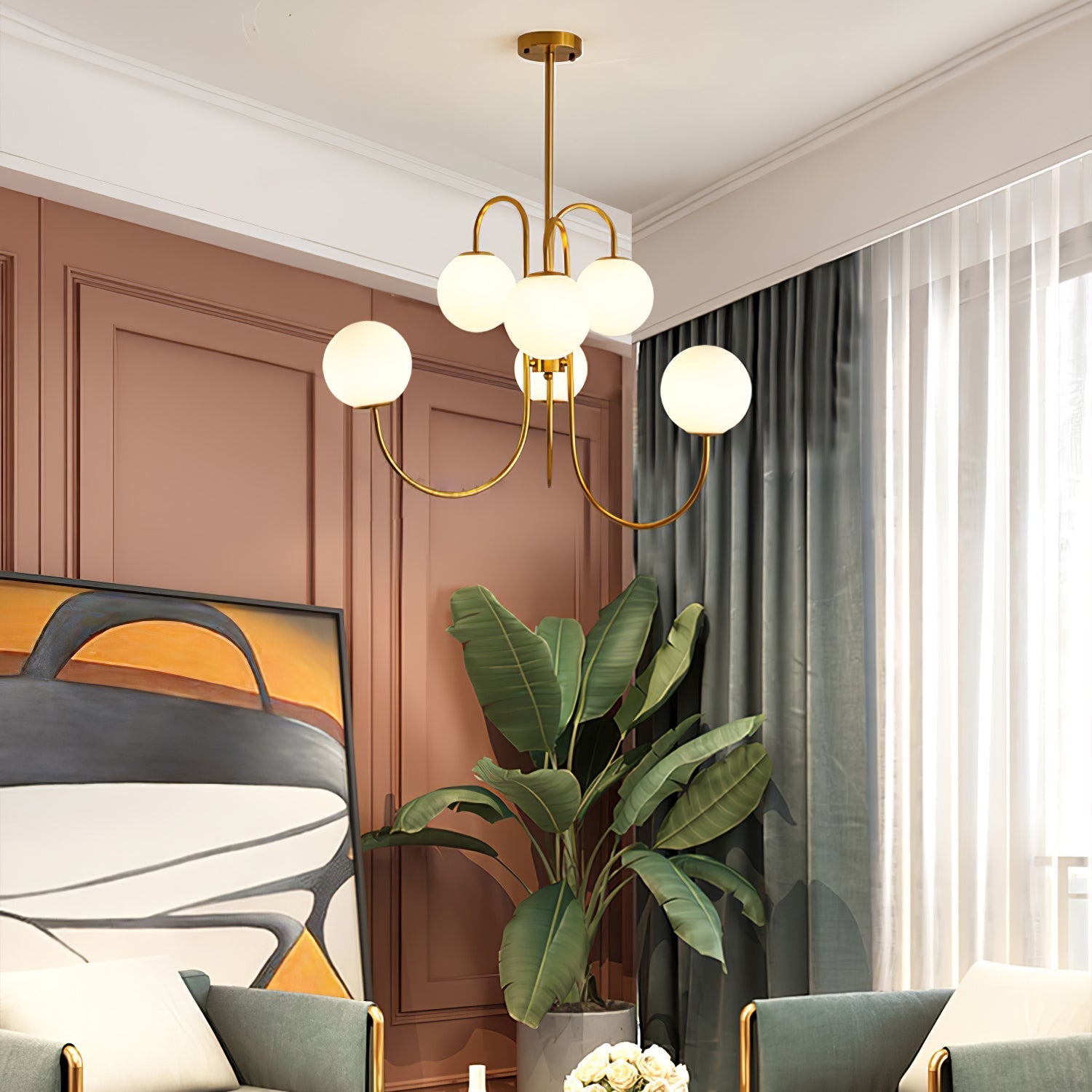 Auruaria Chandelier Brass Globe Cluster Curved Arm