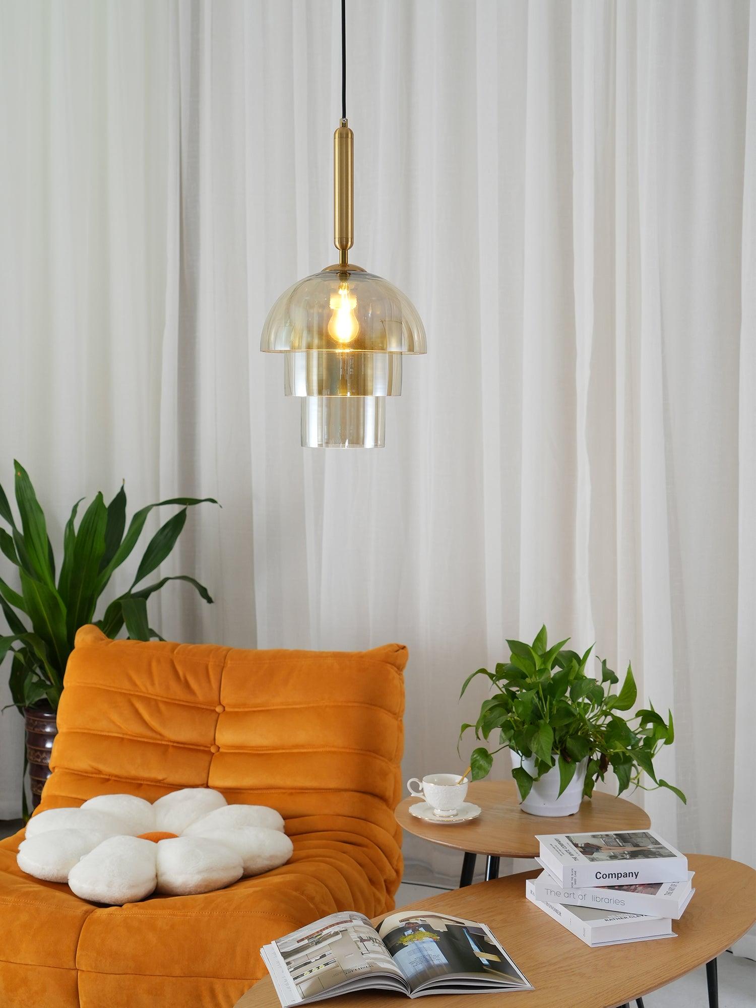 Renley Pendant Lamp Glass Cognac Dome Brass Mid Century