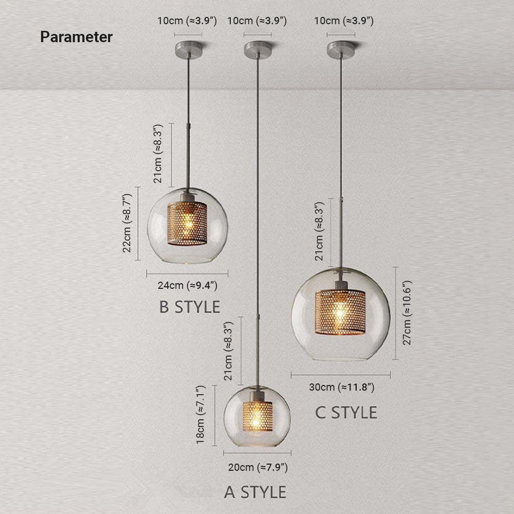 Arisha Golden Pendant Light, /Glass, Globe/Cylindric