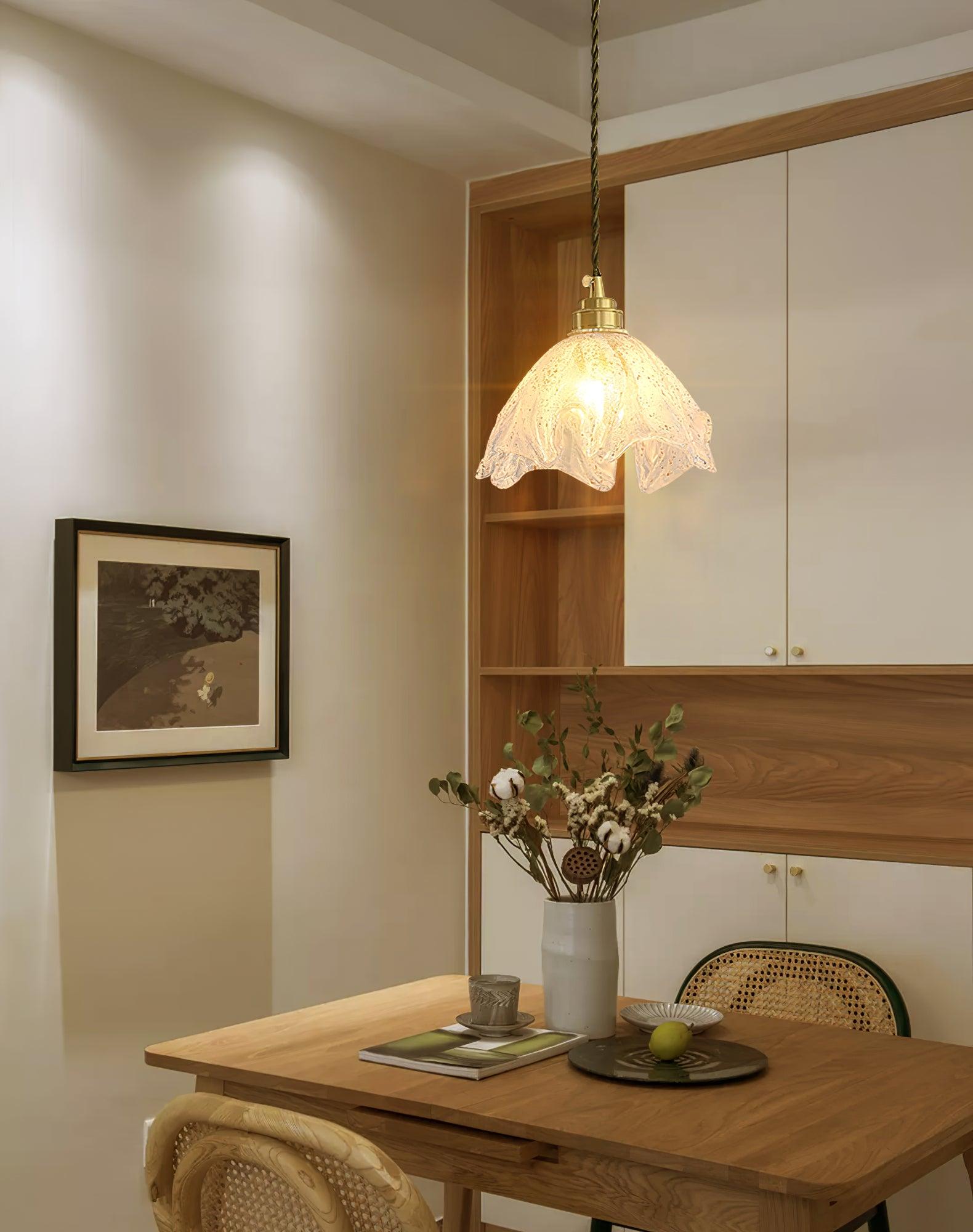 Deveny Pendant Lamp Brass Ruffled Glass Lotus Vintage