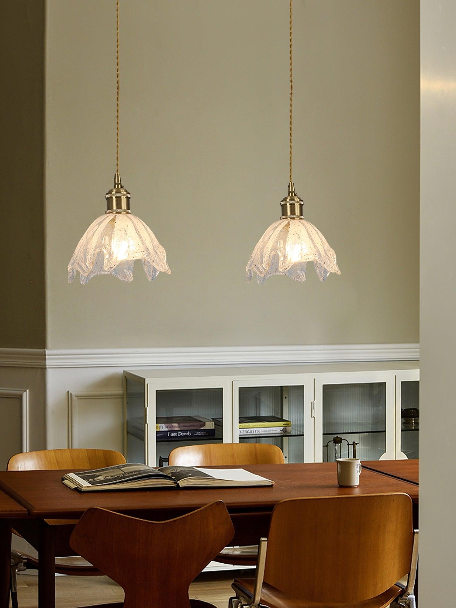Deveny Pendant Lamp Brass Ruffled Glass Lotus Vintage