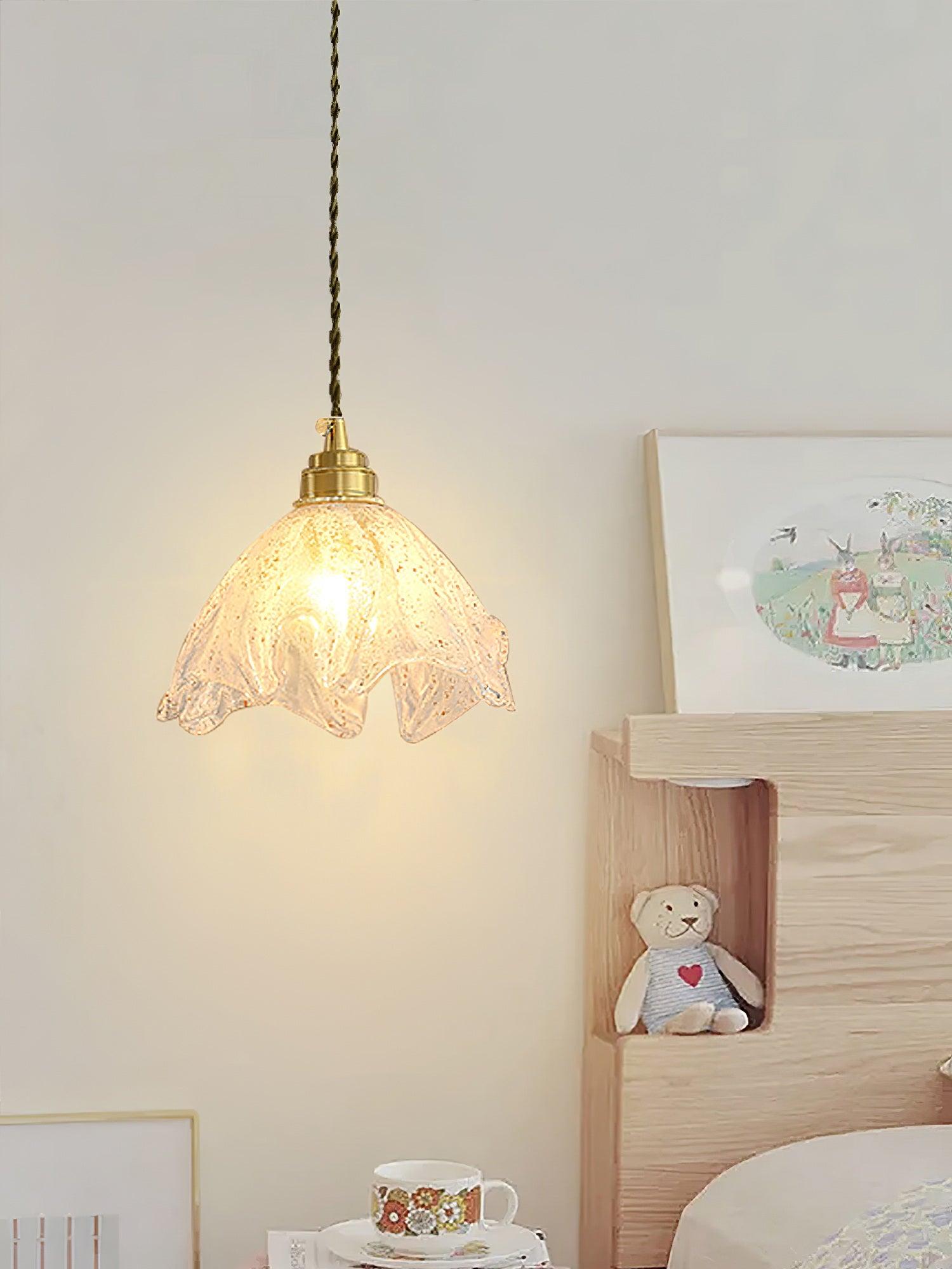 Deveny Pendant Lamp Brass Ruffled Glass Lotus Vintage