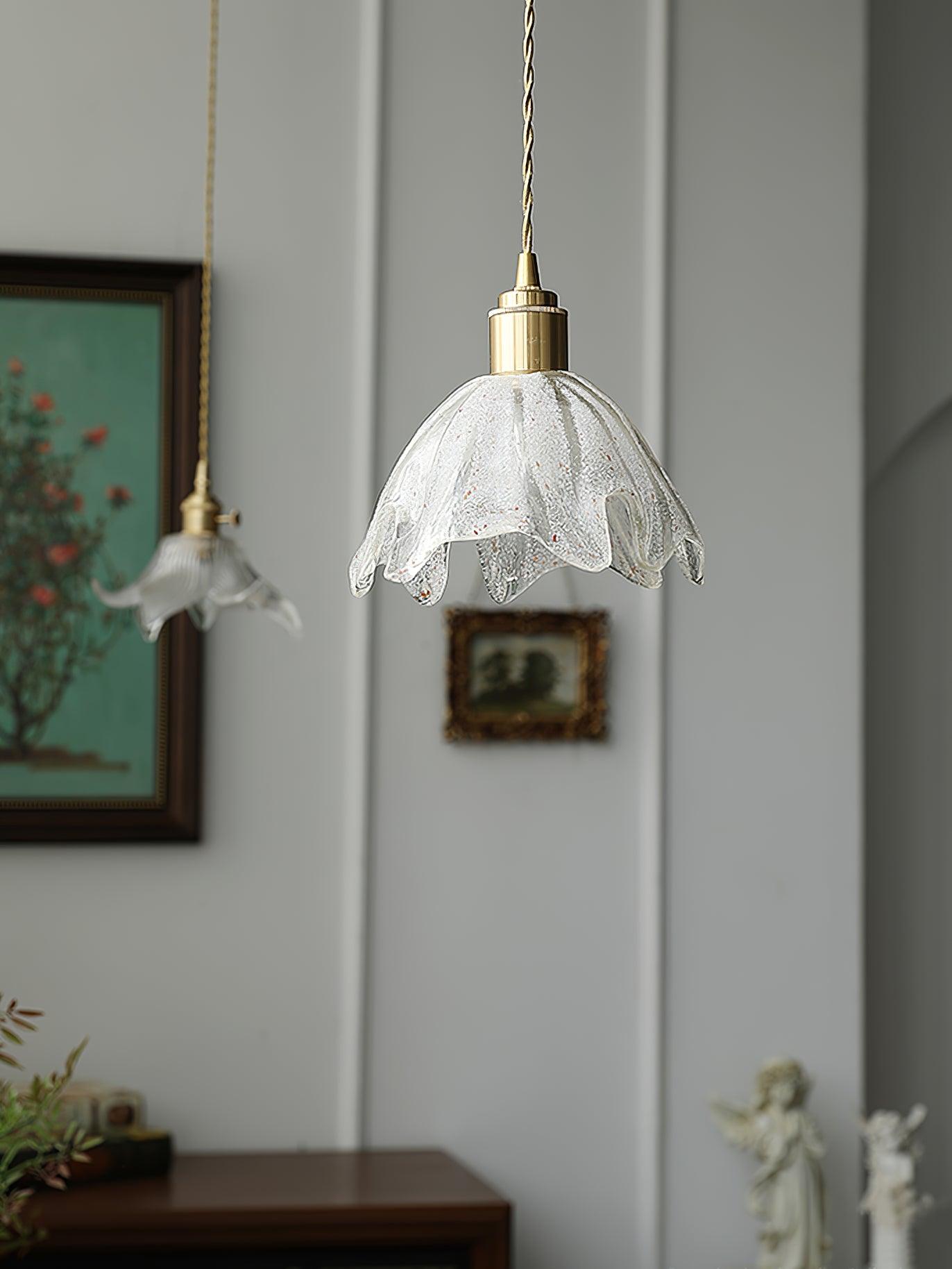 Deveny Pendant Lamp Brass Ruffled Glass Lotus Vintage