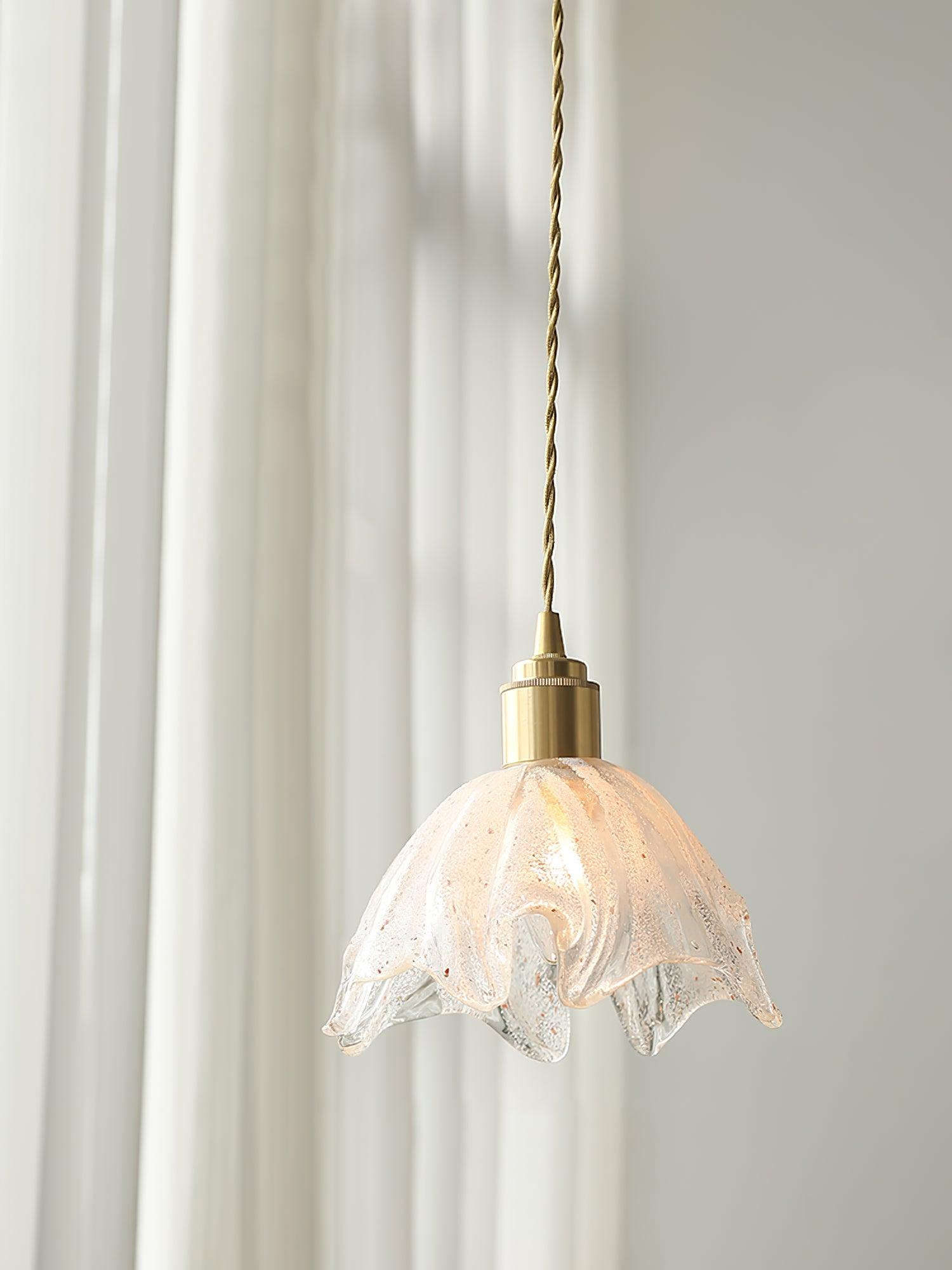Deveny Pendant Lamp Brass Ruffled Glass Lotus Vintage