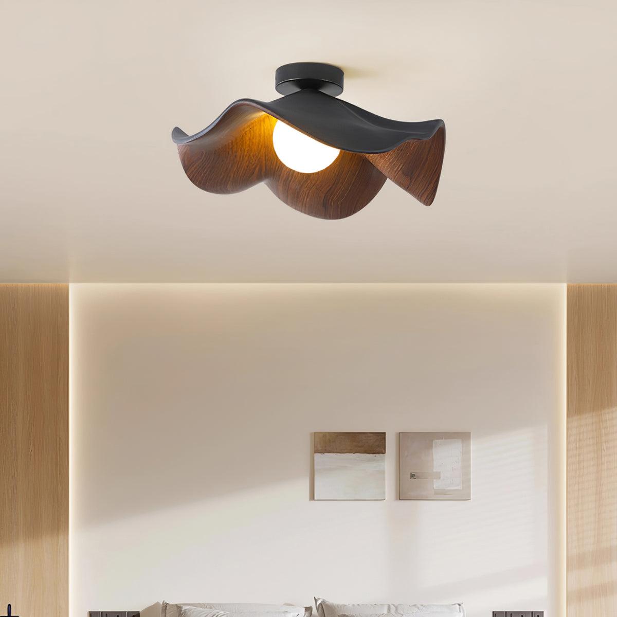 Belenor Ceiling Lamp Lotus Leaf with Wood and White Finish