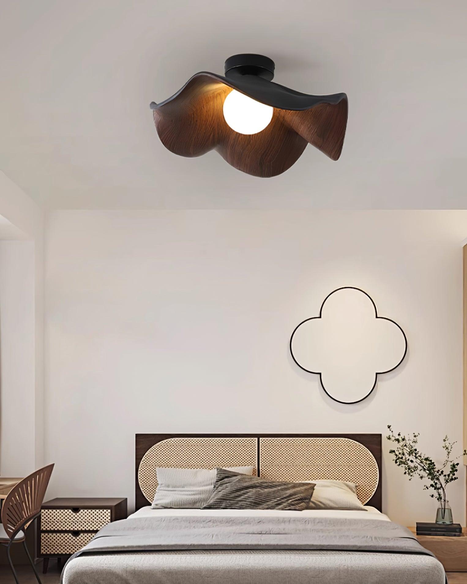 Belenor Ceiling Lamp Lotus Leaf with Wood and White Finish