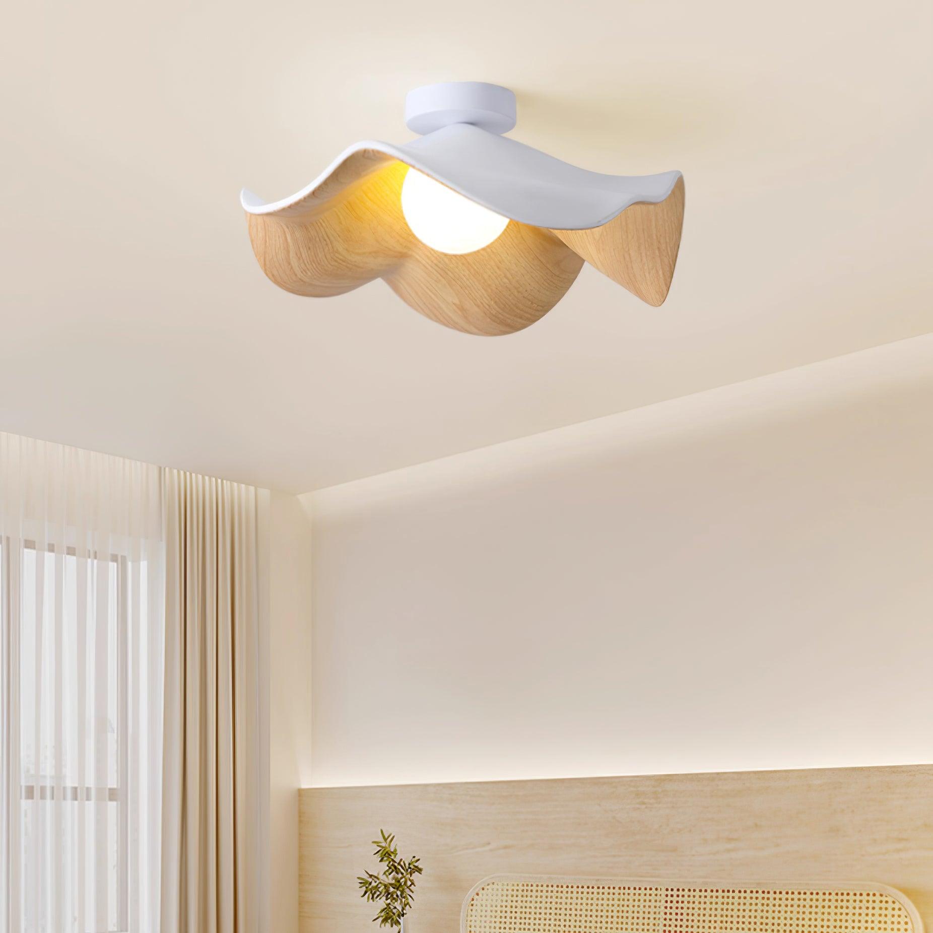 Belenor Ceiling Lamp Lotus Leaf with Wood and White Finish