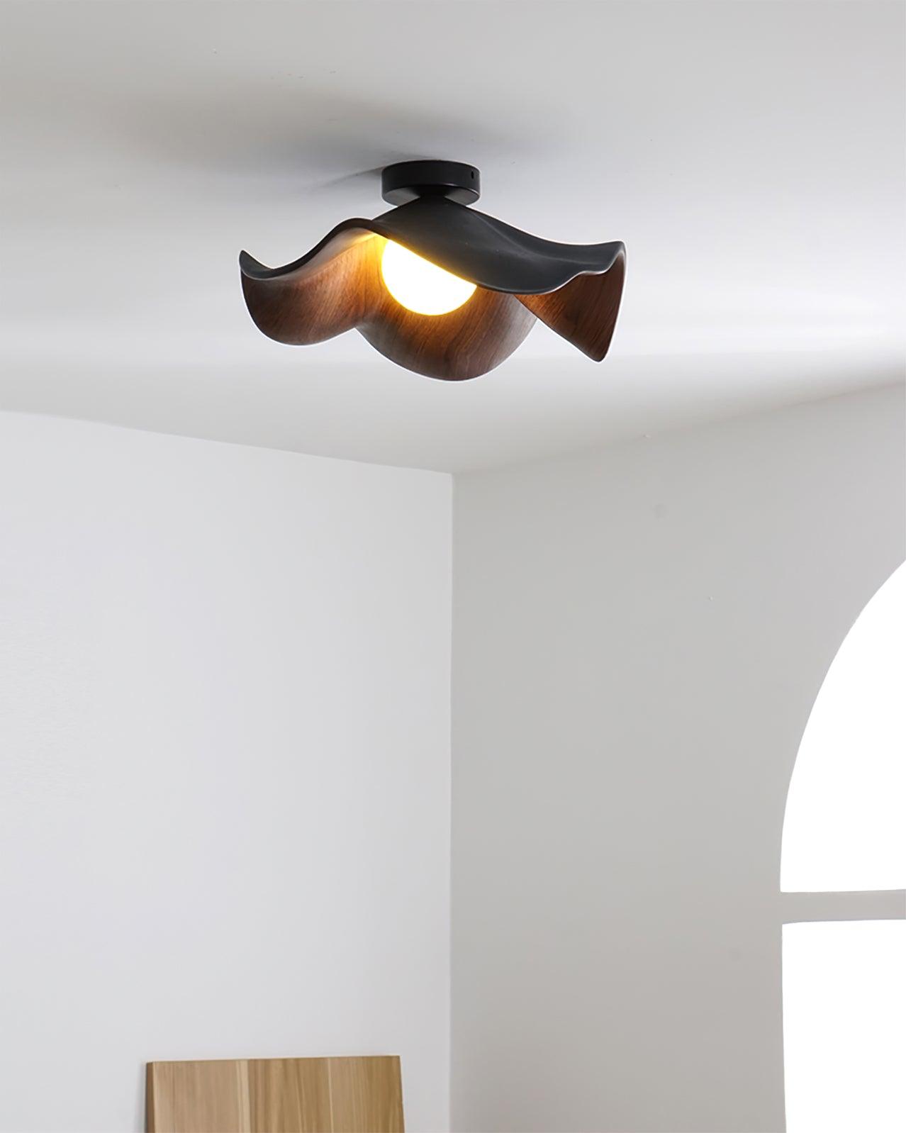 Belenor Ceiling Lamp Lotus Leaf with Wood and White Finish
