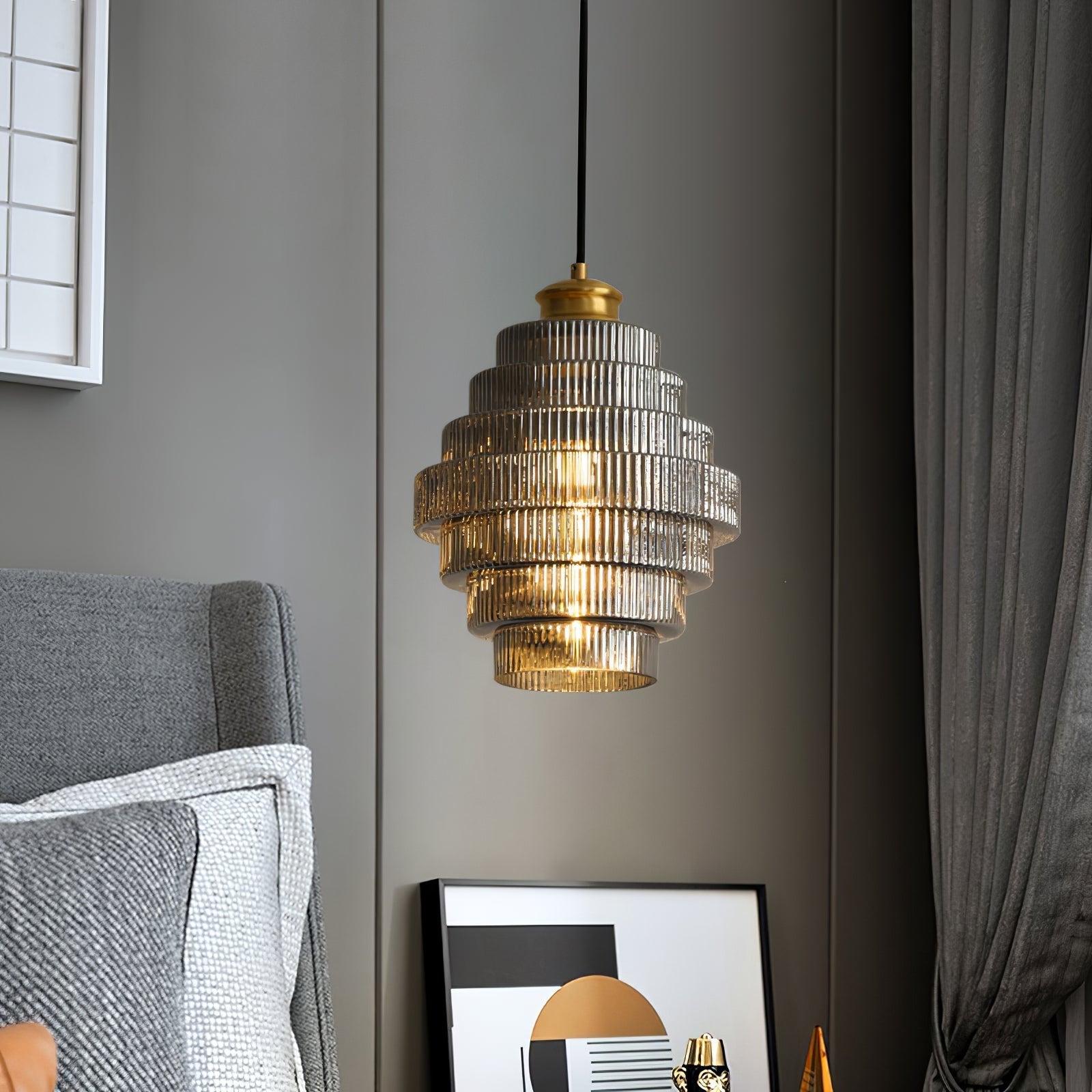Brivelle Plug-In Ribbed Glass Pendant Light with Brass Accent - Neutral Decor