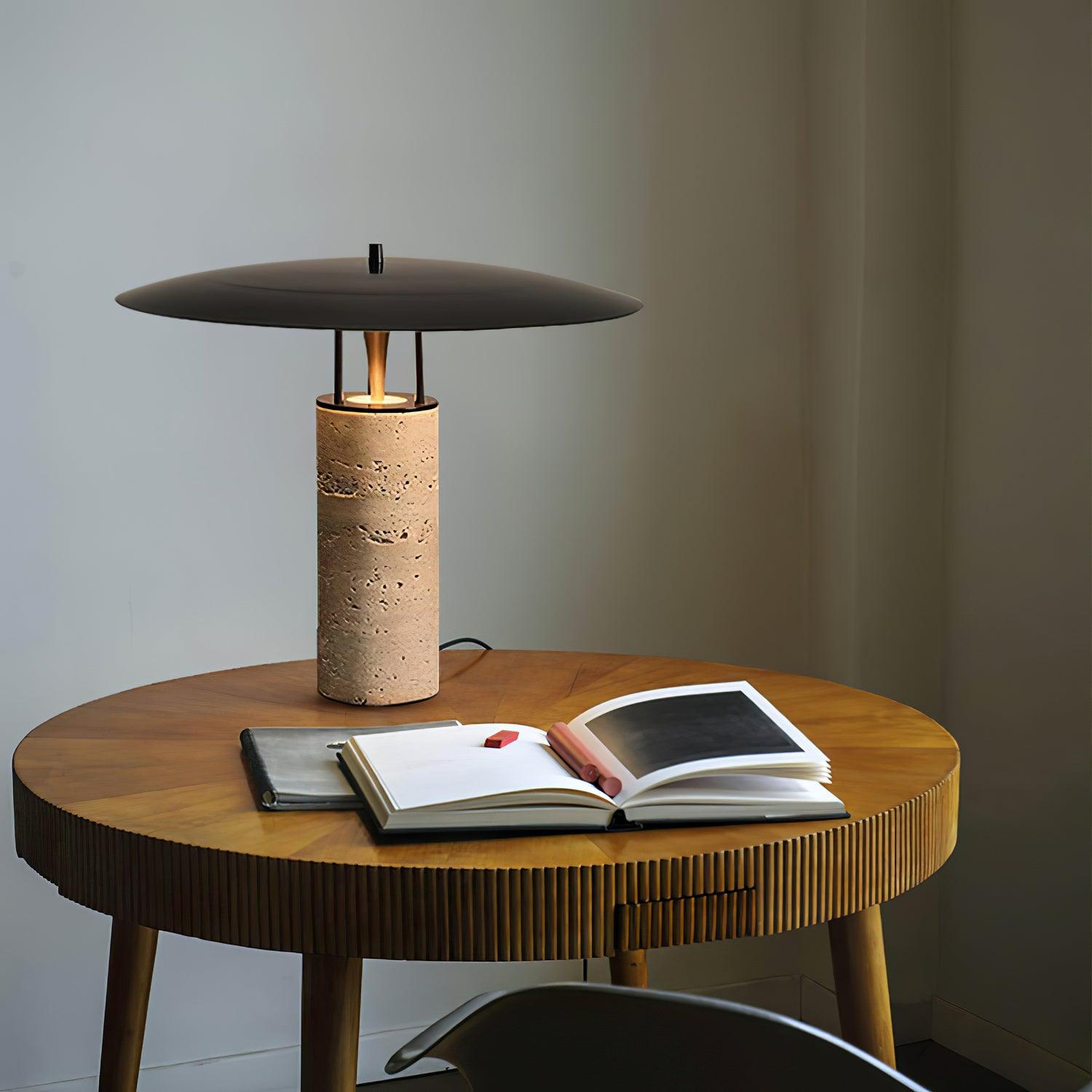 Eara Disc-Pillar Travertine Table Lamp