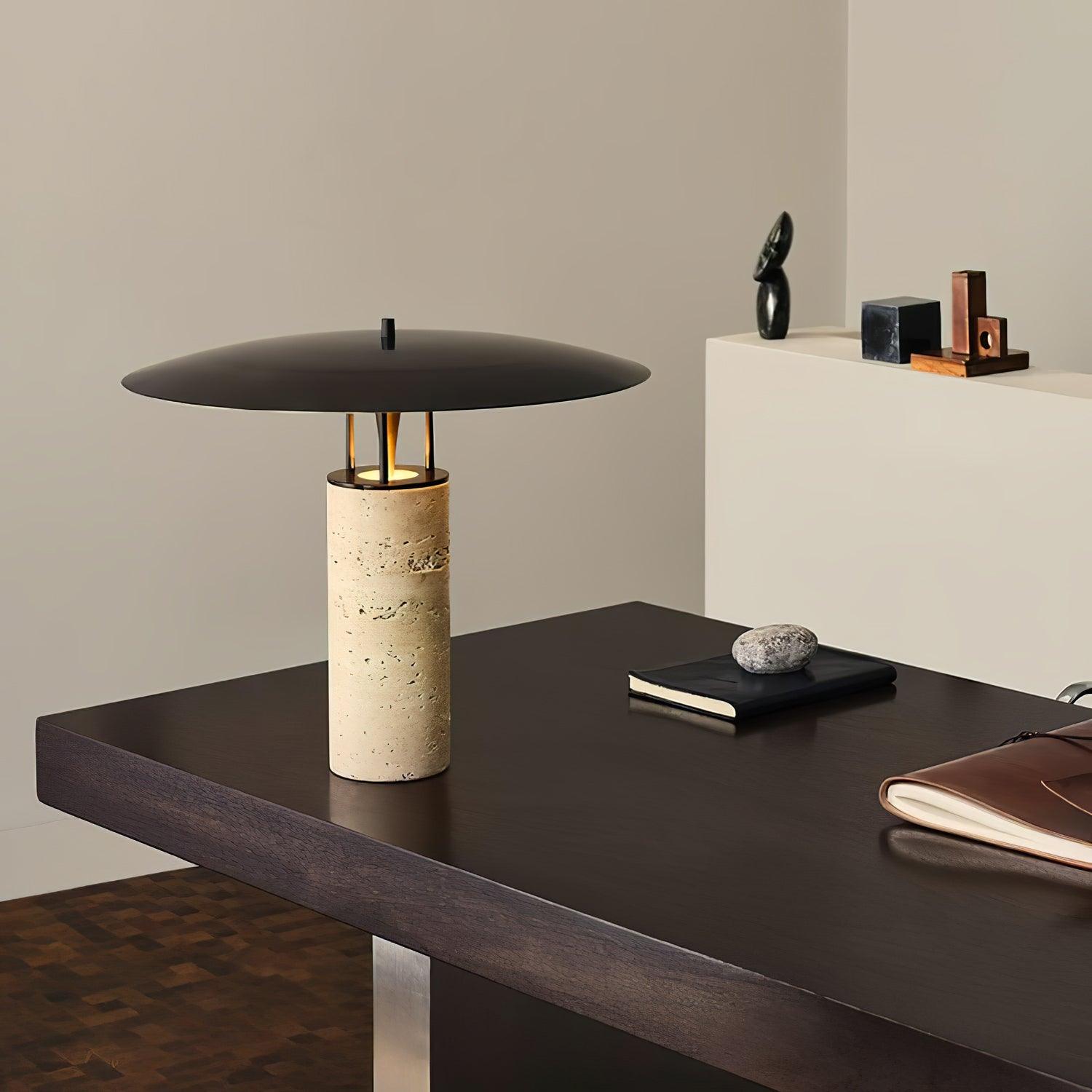 Eara Disc-Pillar Travertine Table Lamp