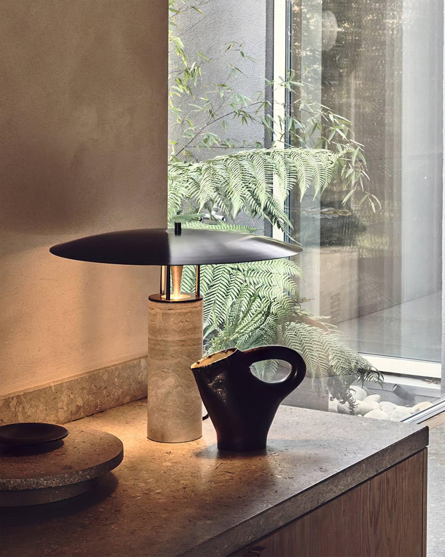 Eara Disc-Pillar Travertine Table Lamp