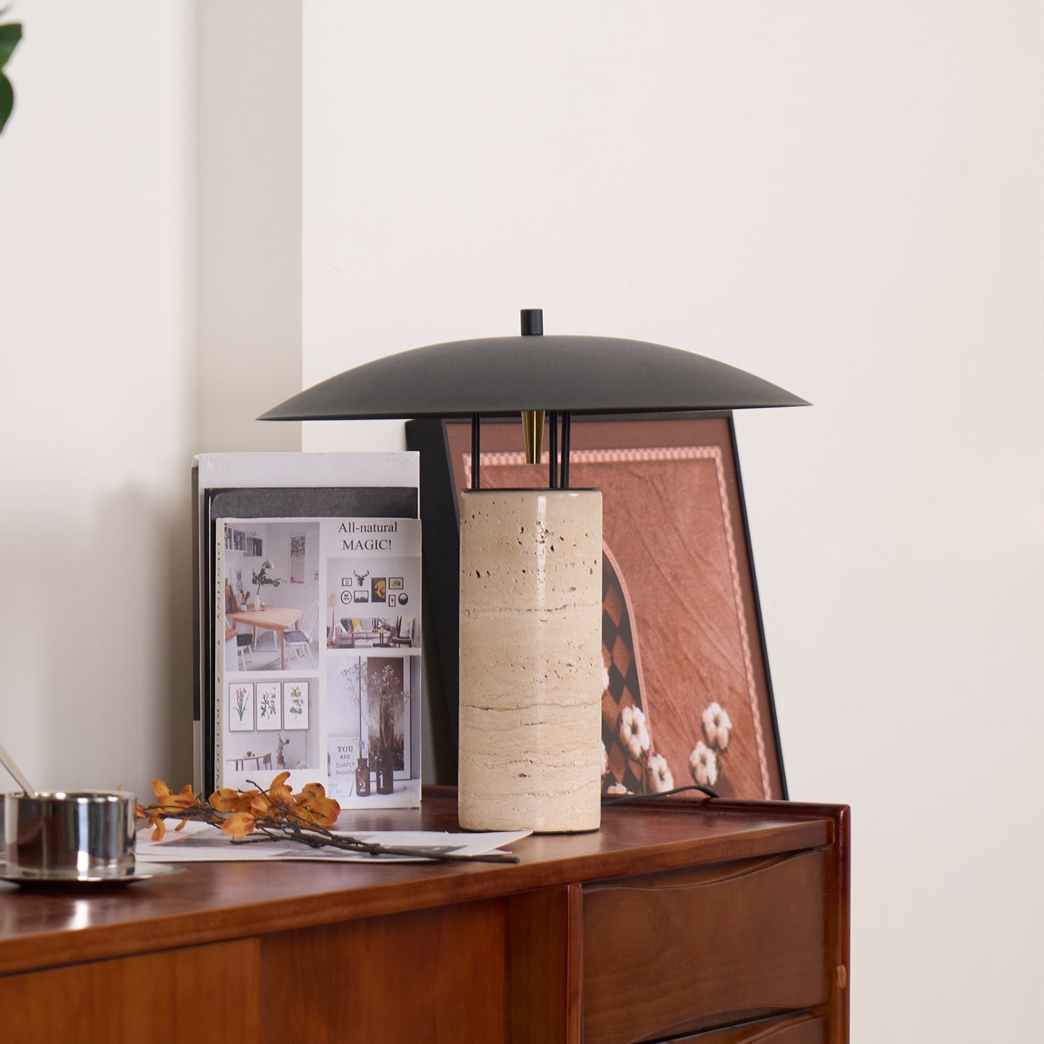 Eara Disc-Pillar Travertine Table Lamp
