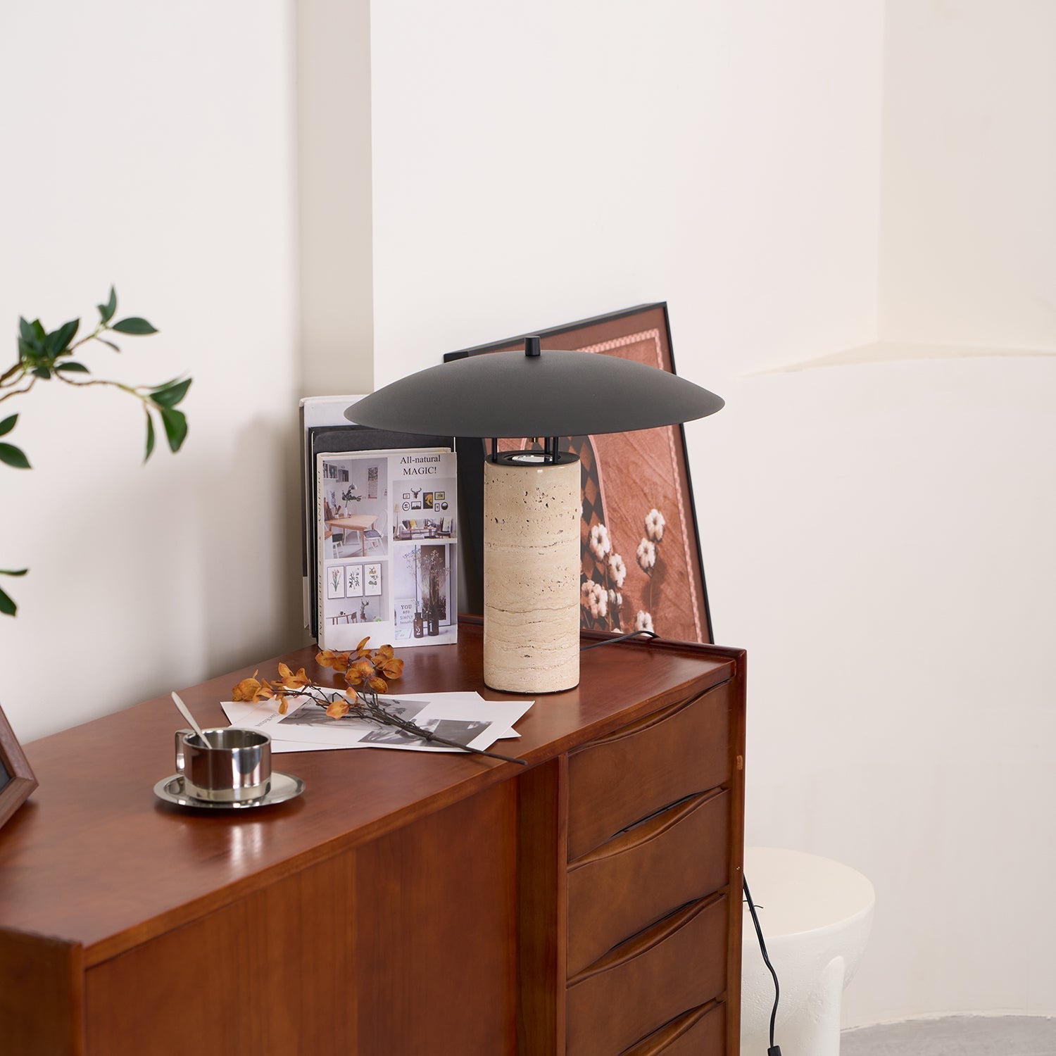 Eara Disc-Pillar Travertine Table Lamp