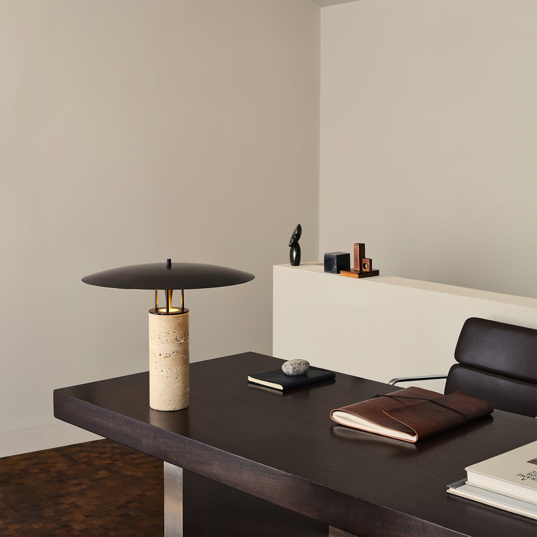 Eara Disc-Pillar Travertine Table Lamp