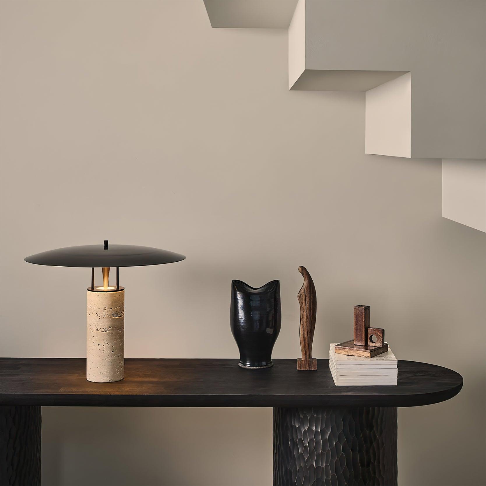 Eara Disc-Pillar Travertine Table Lamp
