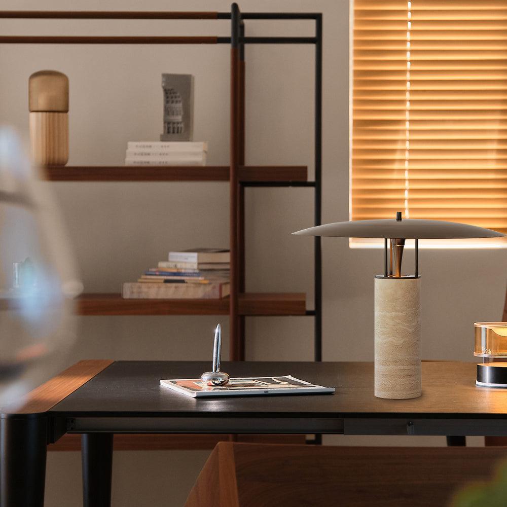 Eara Disc-Pillar Travertine Table Lamp
