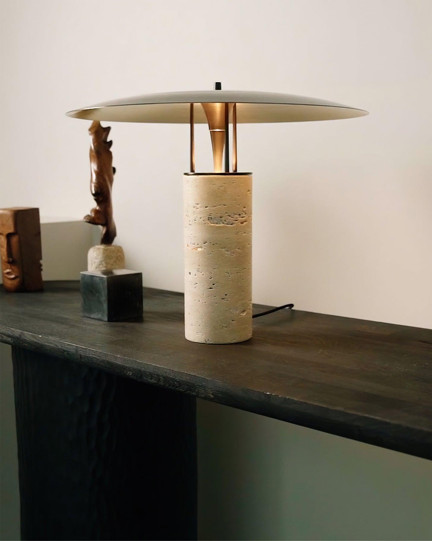 Eara Disc-Pillar Travertine Table Lamp