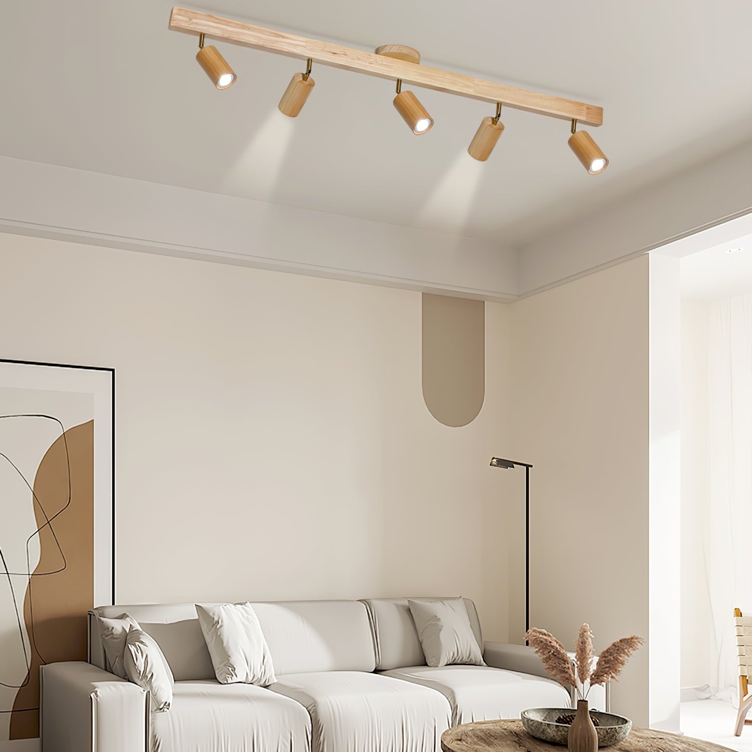 Solara Ceiling Lamp Natural Wood Beam with Spotlight
