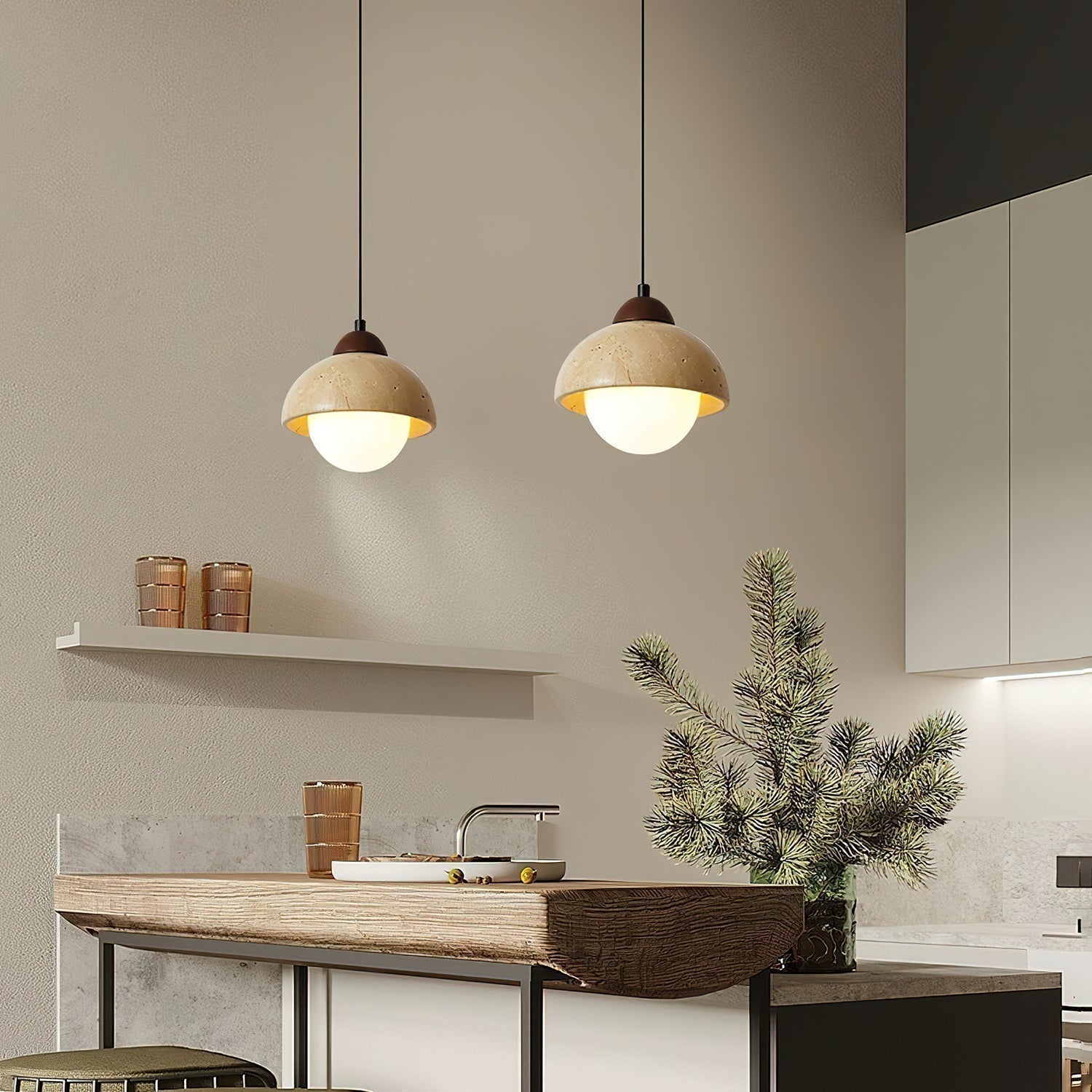Lunex Dome-Shaped Travertine Pendant Light